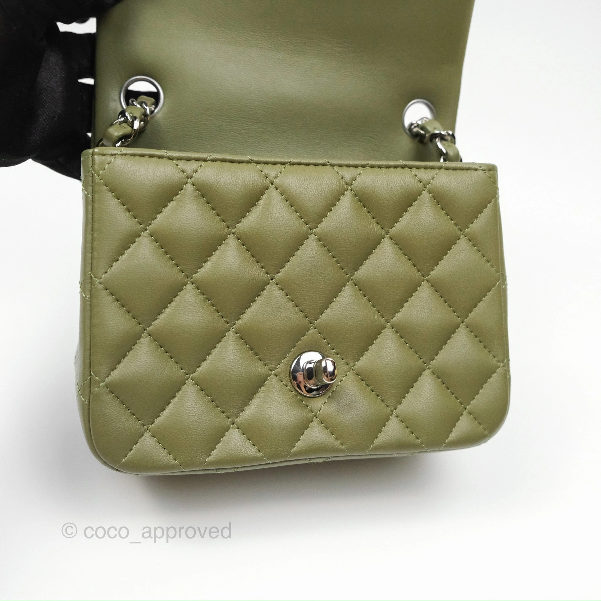 Chanel Mini Square Quilted Olive Green Lambskin Silver Hardware