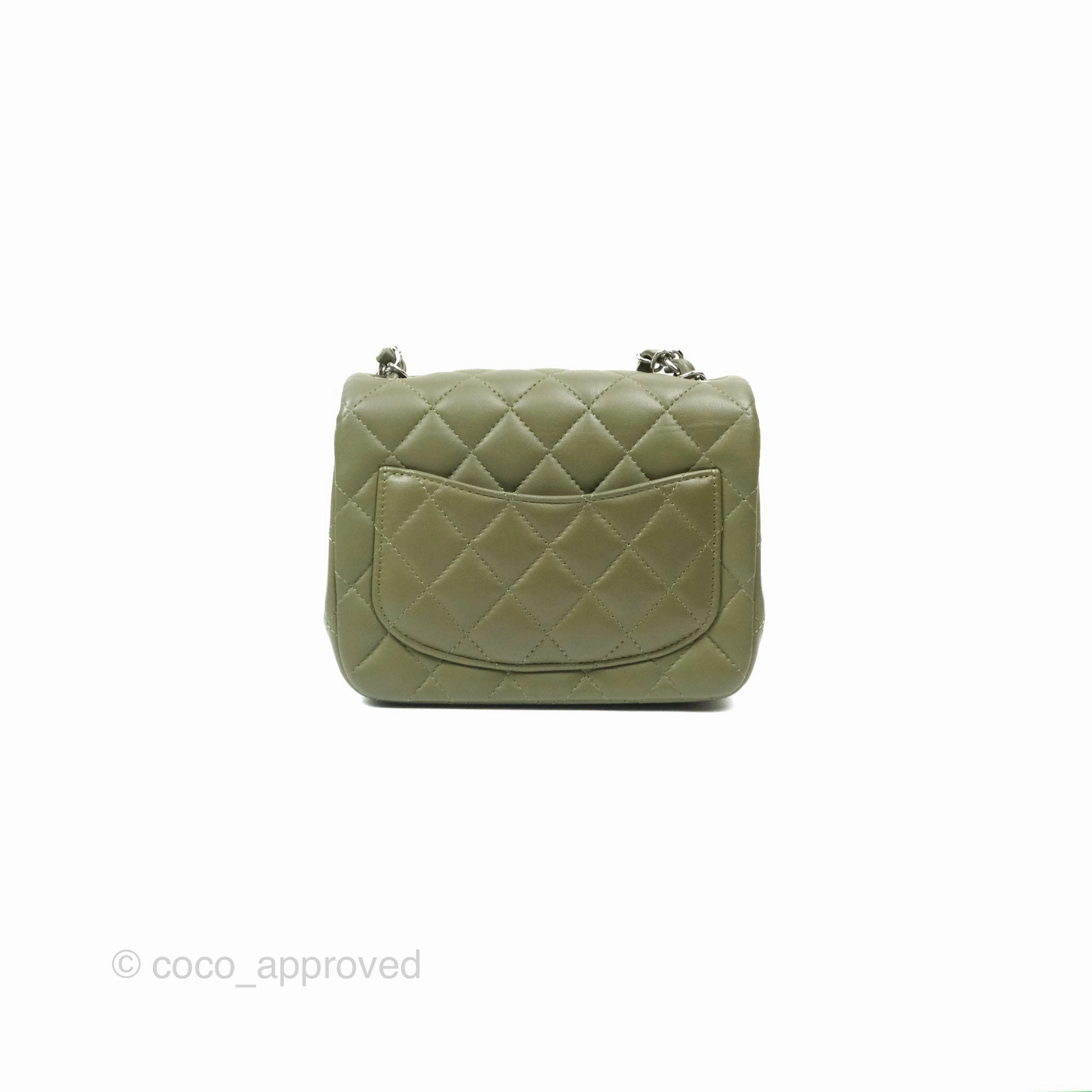 Chanel Mini Square Quilted Olive Green Lambskin Silver Hardware