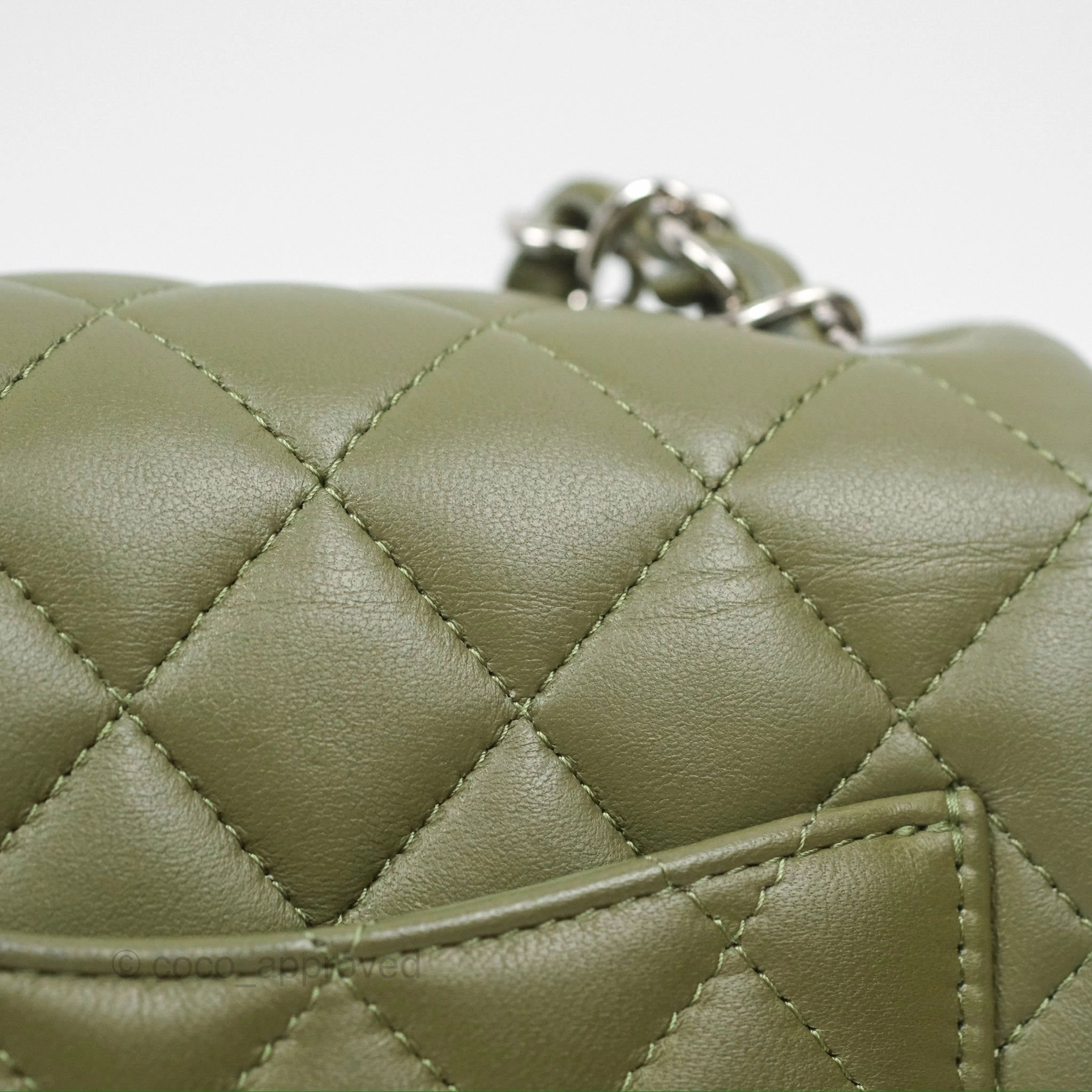 Chanel Mini Square Quilted Olive Green Lambskin Silver Hardware