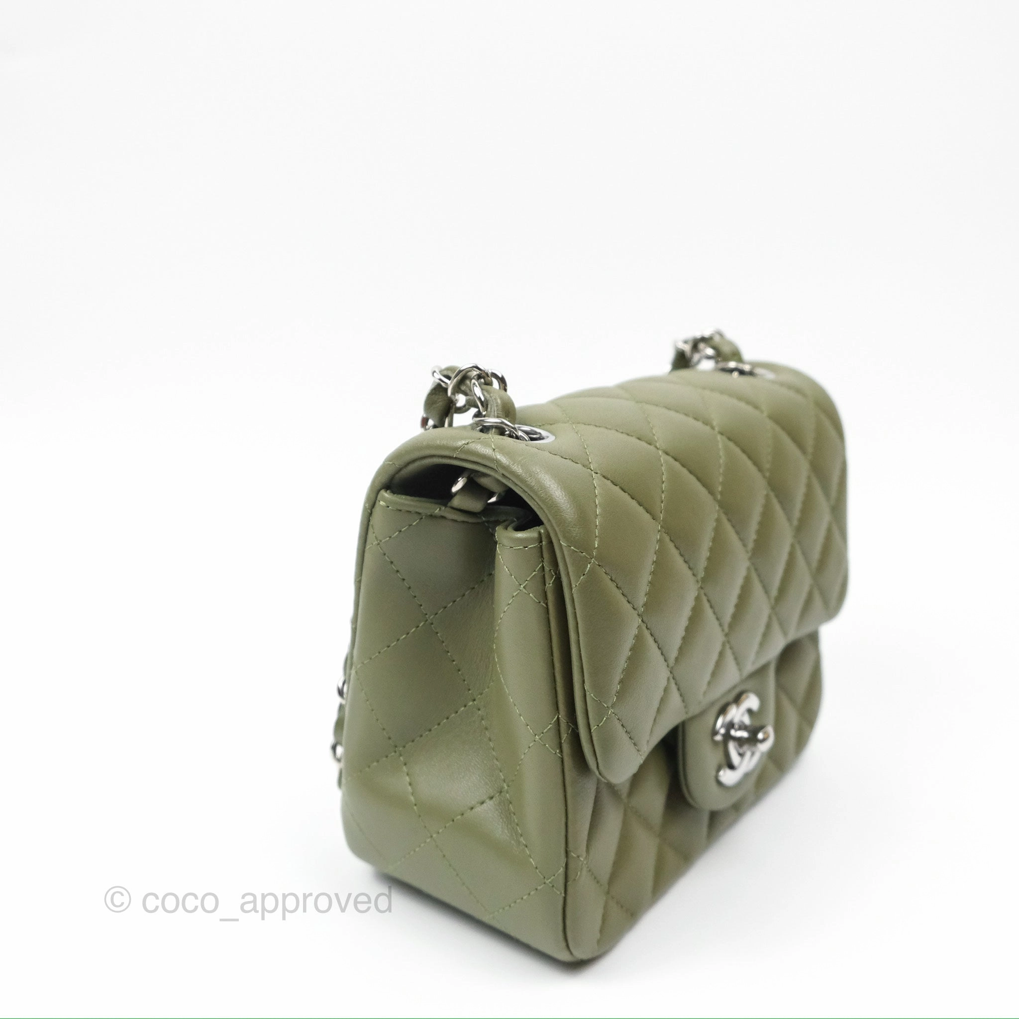 Chanel Mini Square Quilted Olive Green Lambskin Silver Hardware