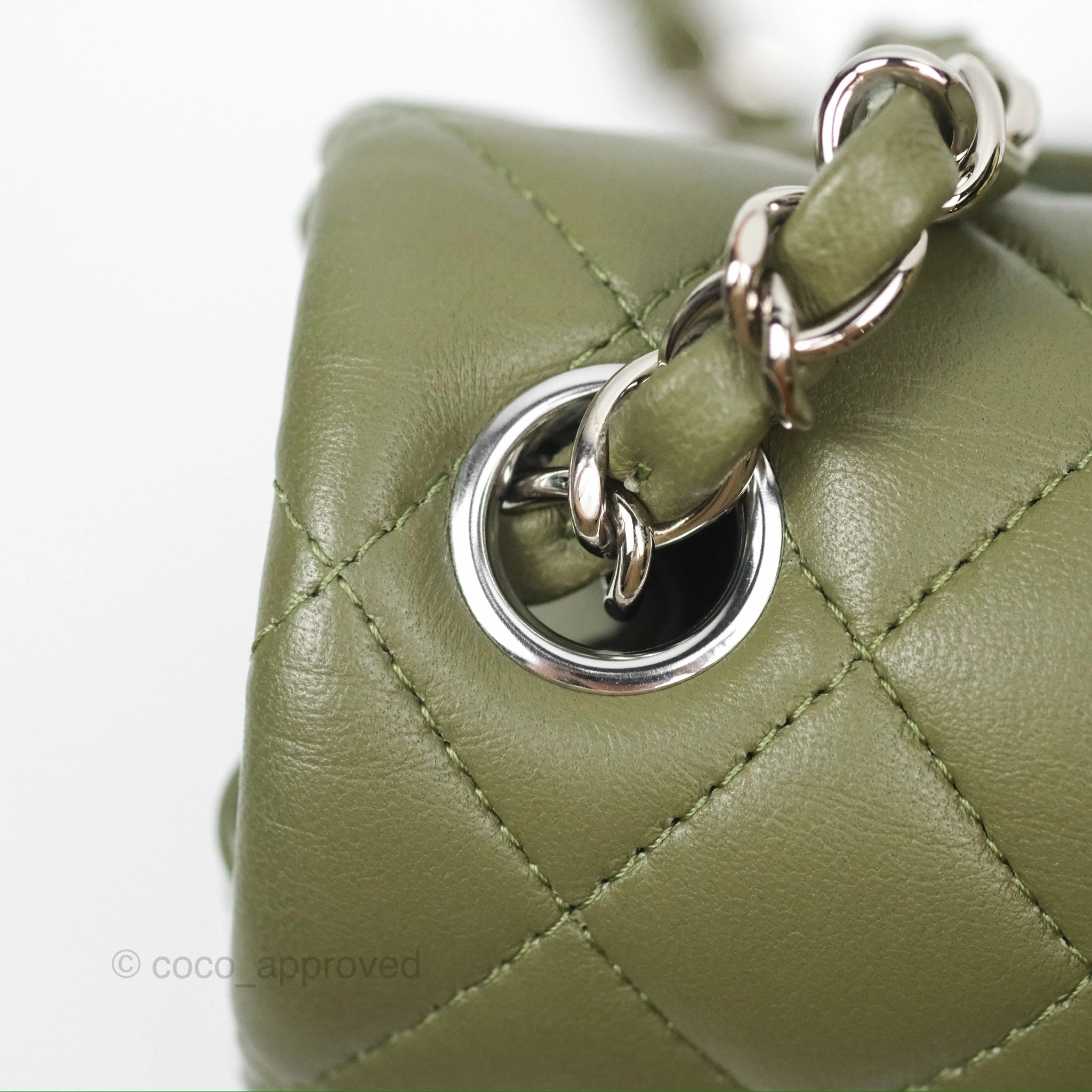 Chanel Mini Square Quilted Olive Green Lambskin Silver Hardware