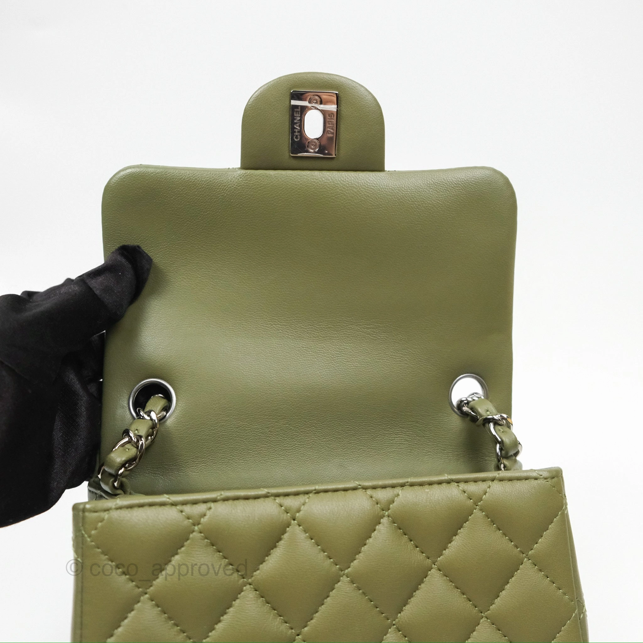 Chanel Mini Square Quilted Olive Green Lambskin Silver Hardware