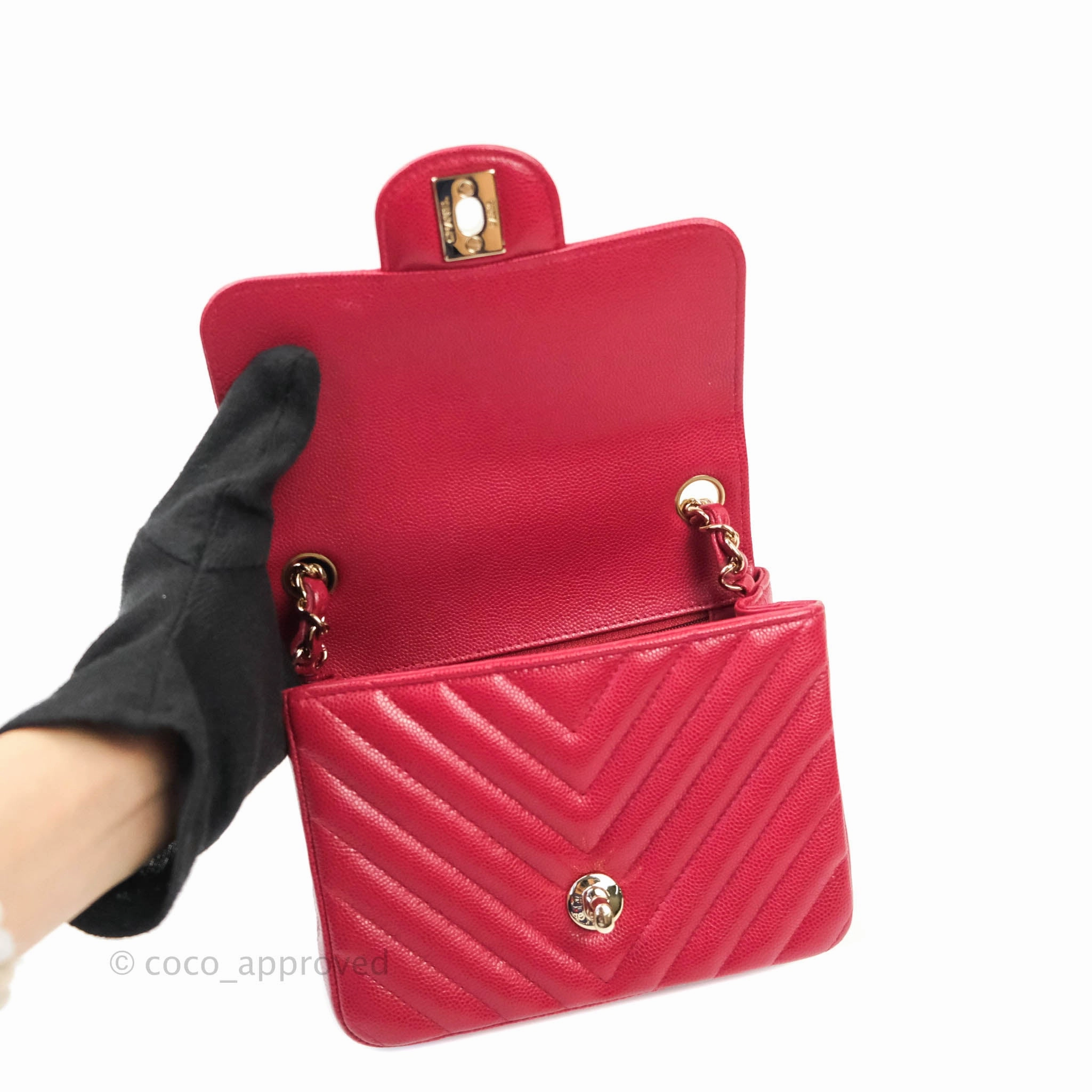 Chanel Mini Square Red Chevron Caviar Gold Hardware 18B