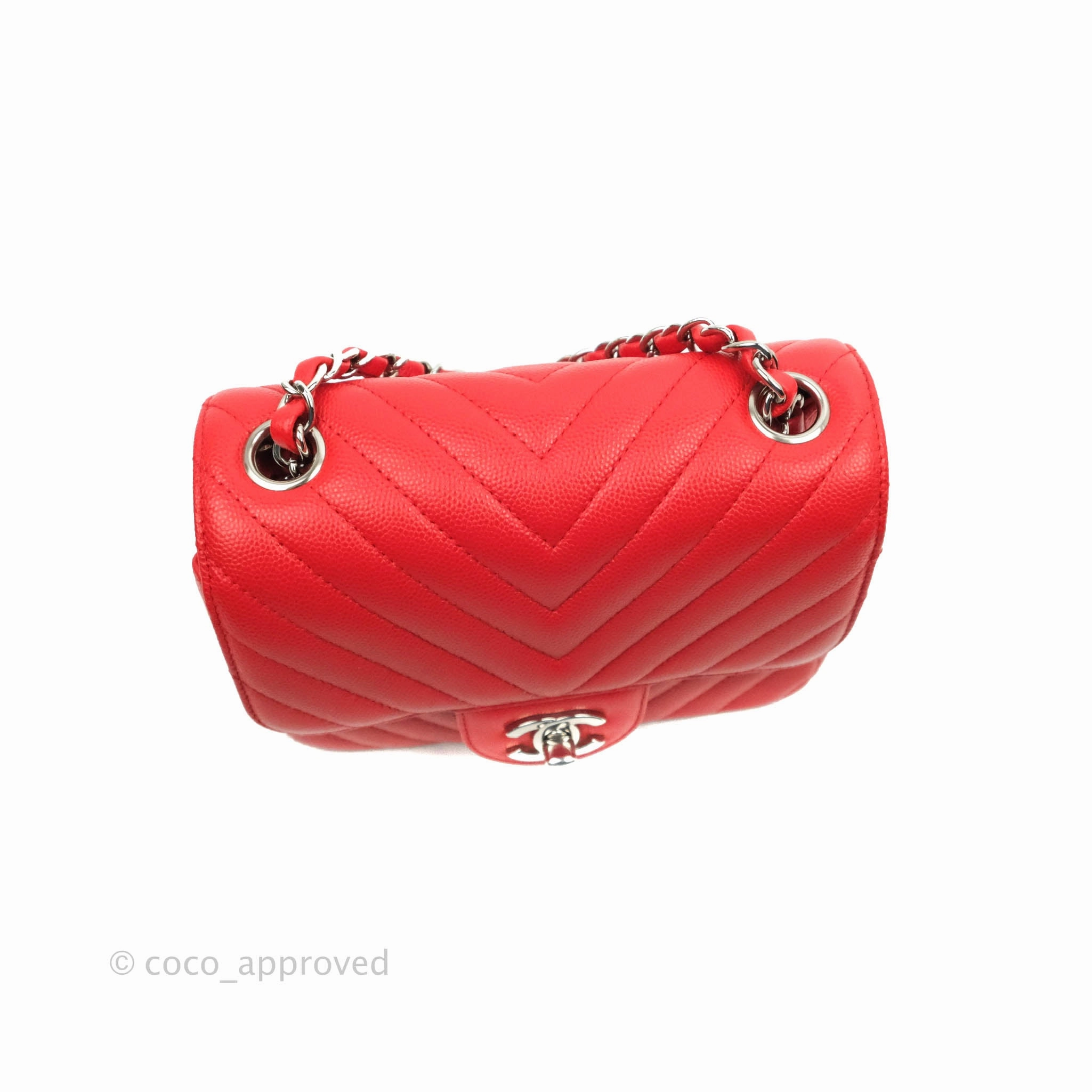 Chanel Mini Square Red Chevron Caviar Silver Hardware
