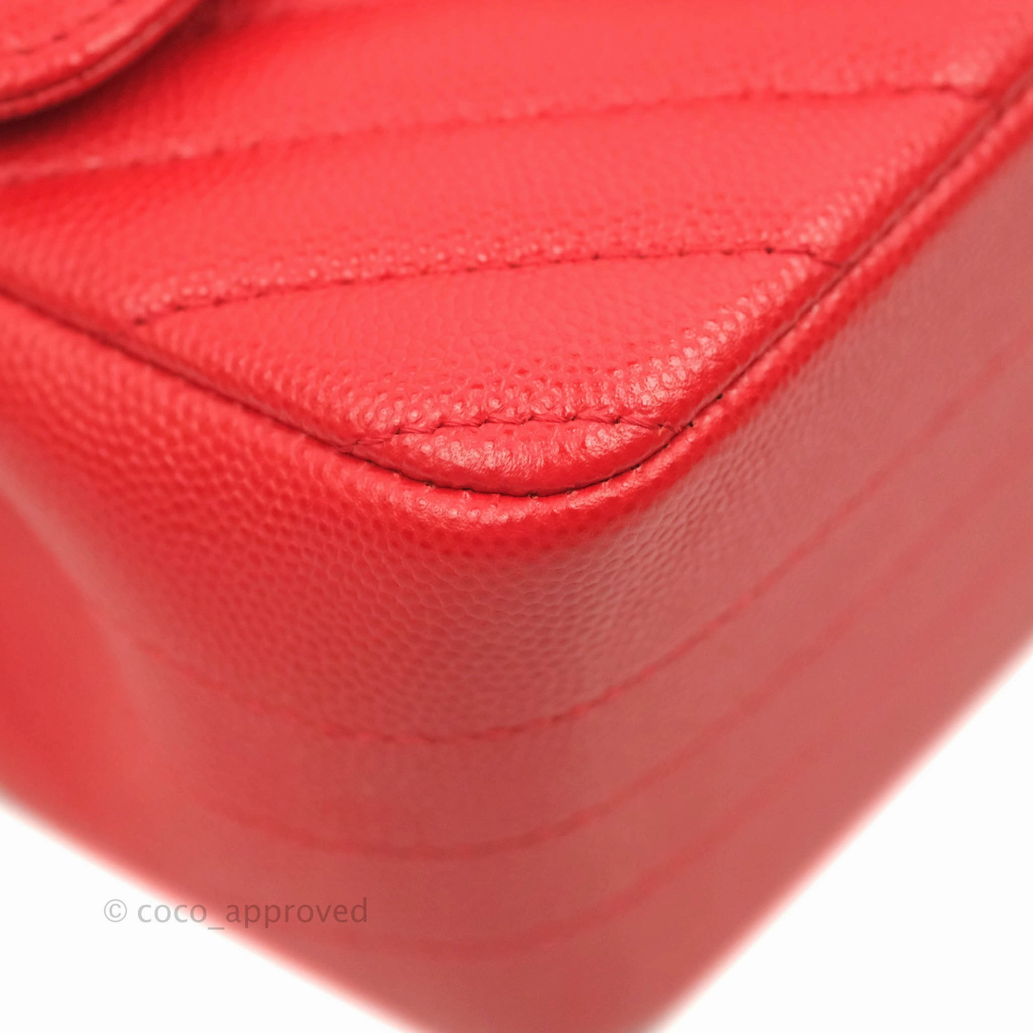 Chanel Mini Square Red Chevron Caviar Silver Hardware