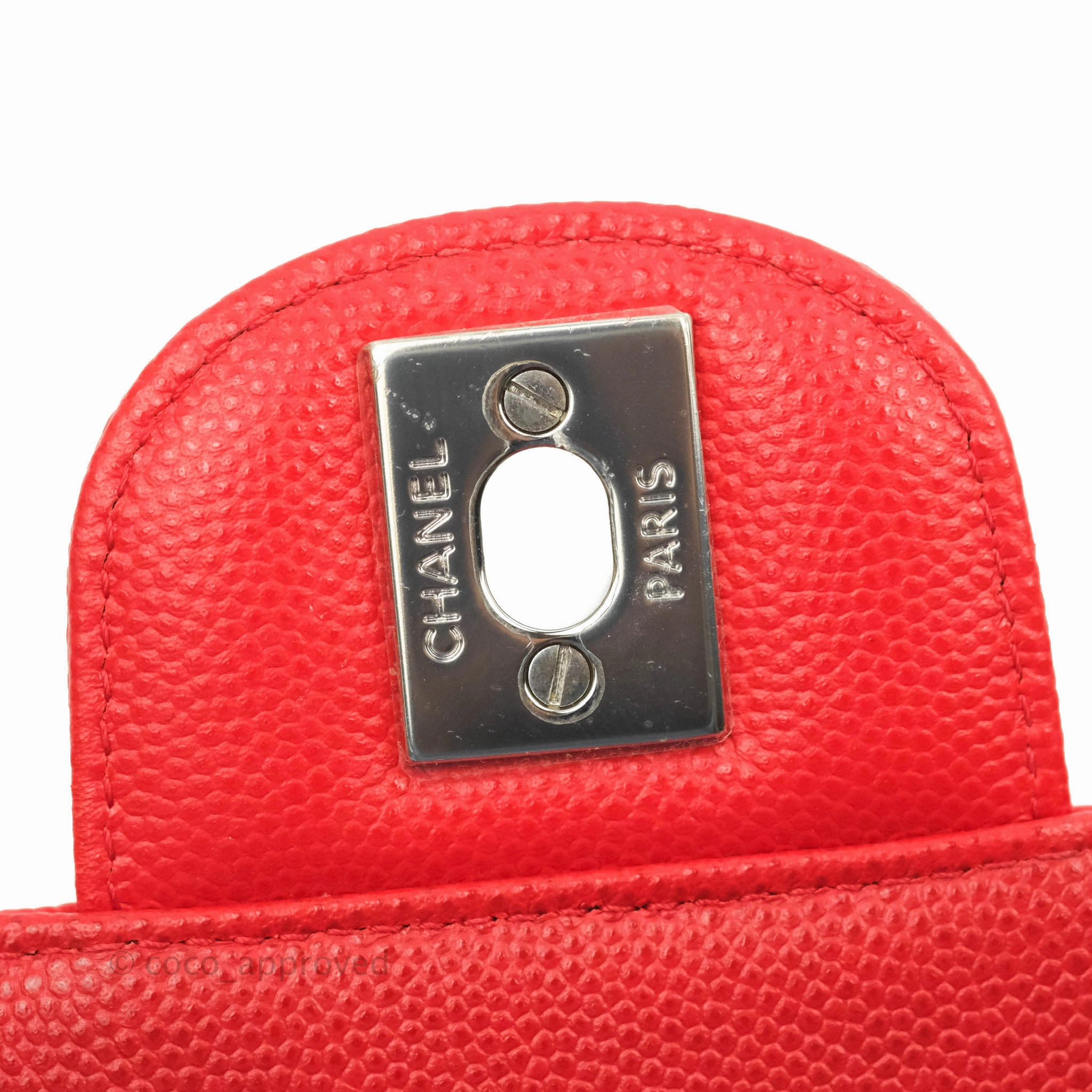 Chanel Mini Square Red Chevron Caviar Silver Hardware