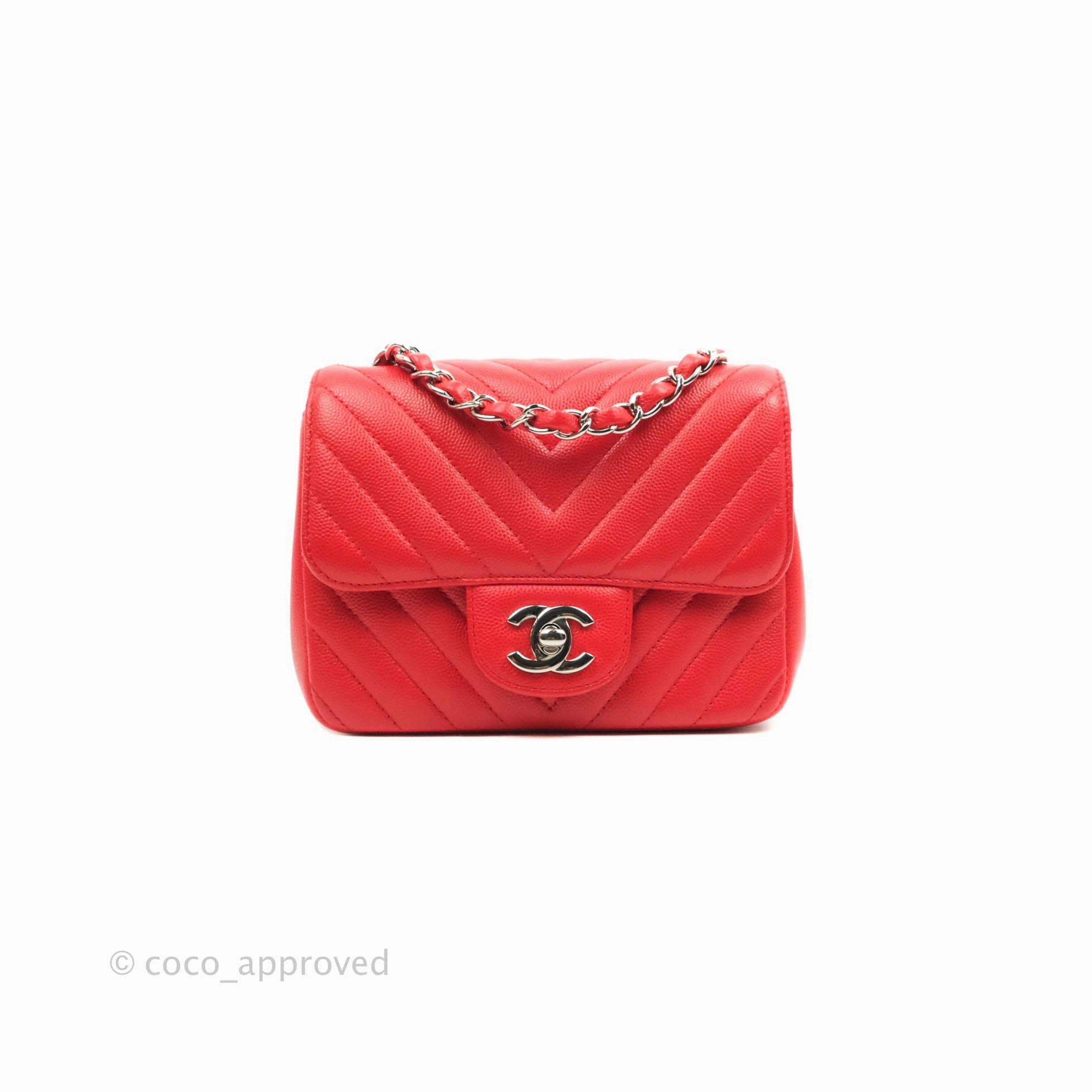 Chanel Mini Square Red Chevron Caviar Silver Hardware