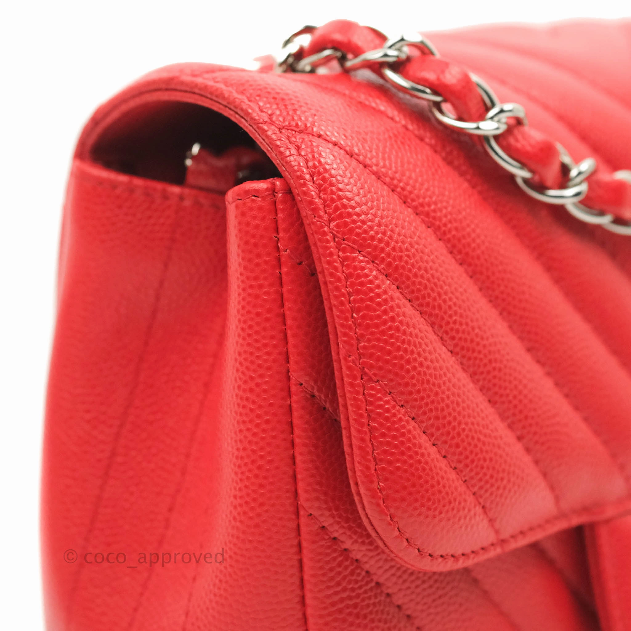 Chanel Mini Square Red Chevron Caviar Silver Hardware
