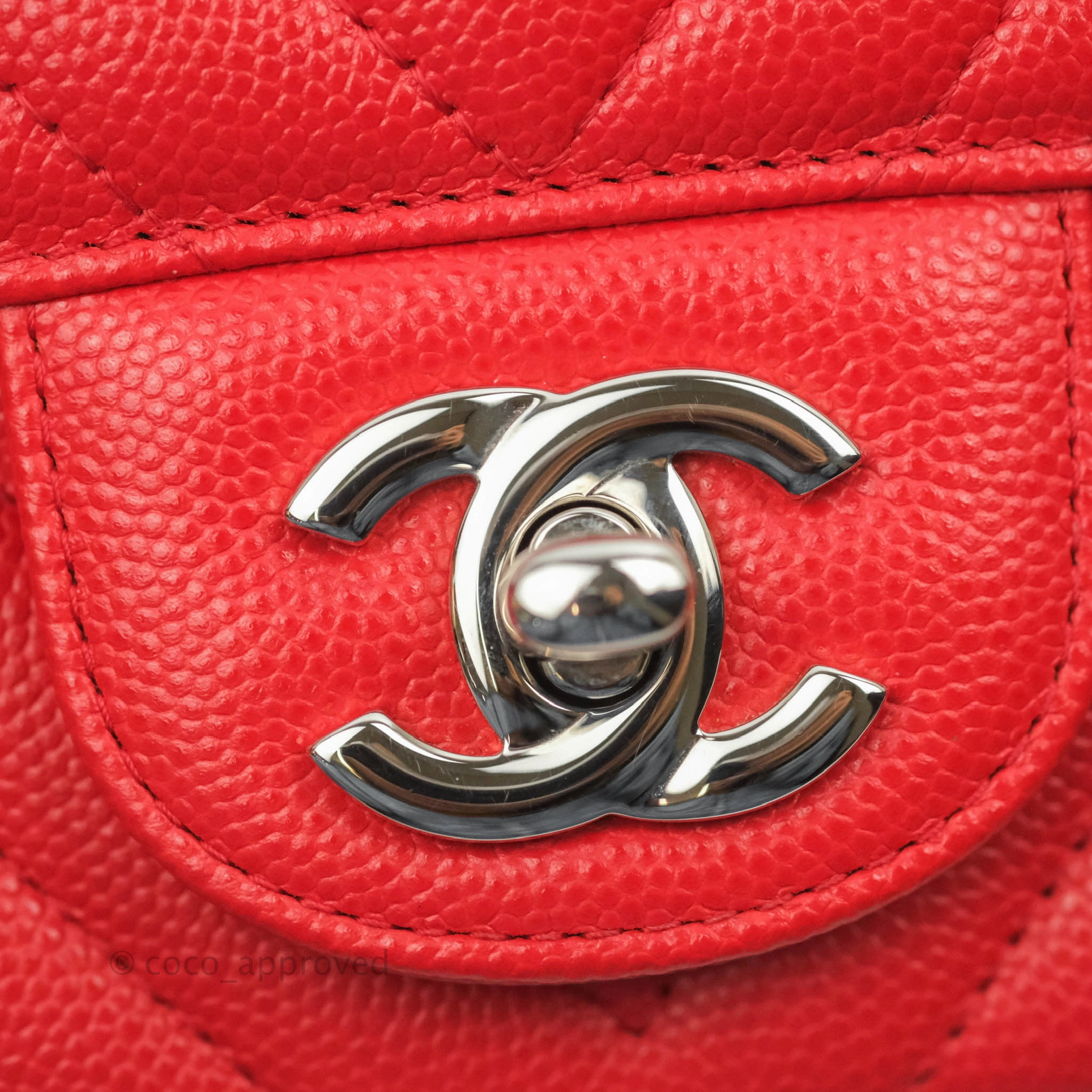 Chanel Mini Square Red Chevron Caviar Silver Hardware