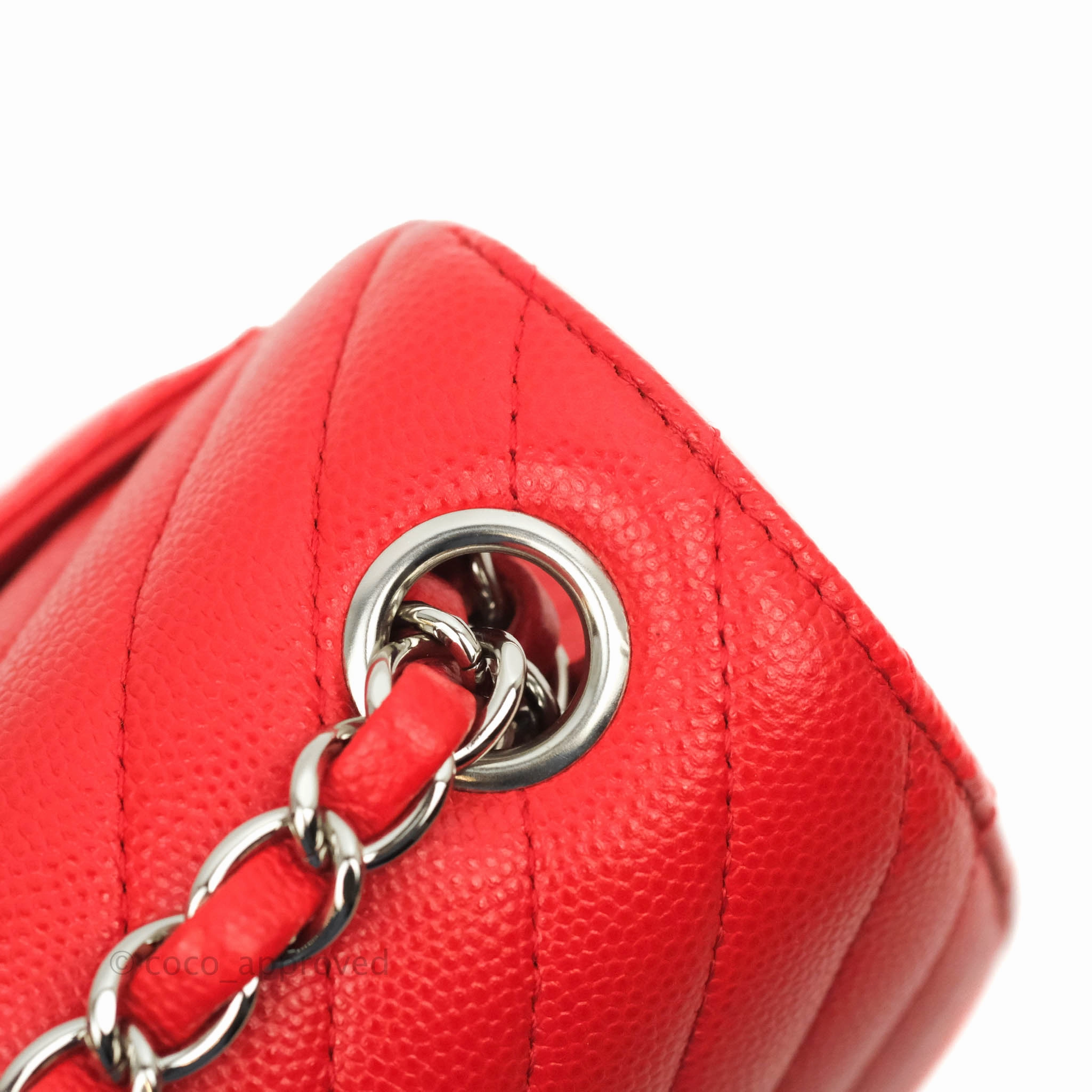 Chanel Mini Square Red Chevron Caviar Silver Hardware
