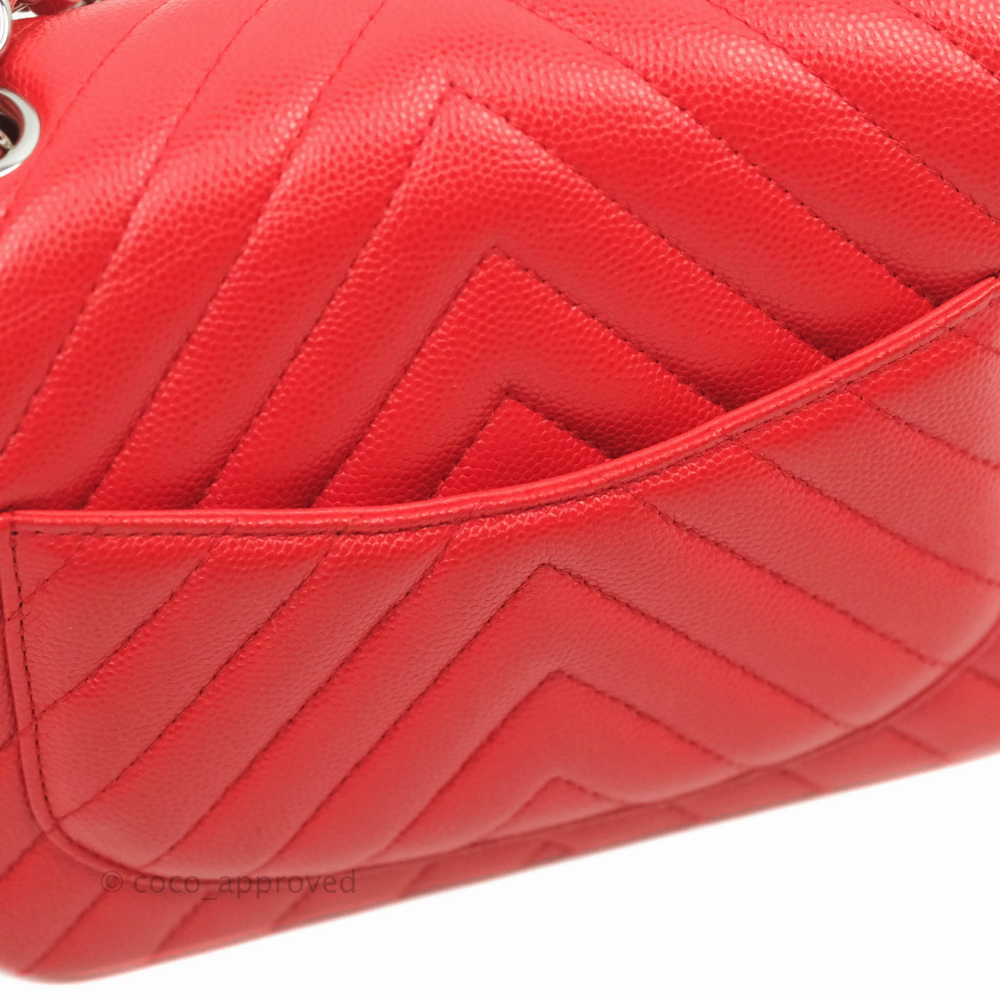 Chanel Mini Square Red Chevron Caviar Silver Hardware