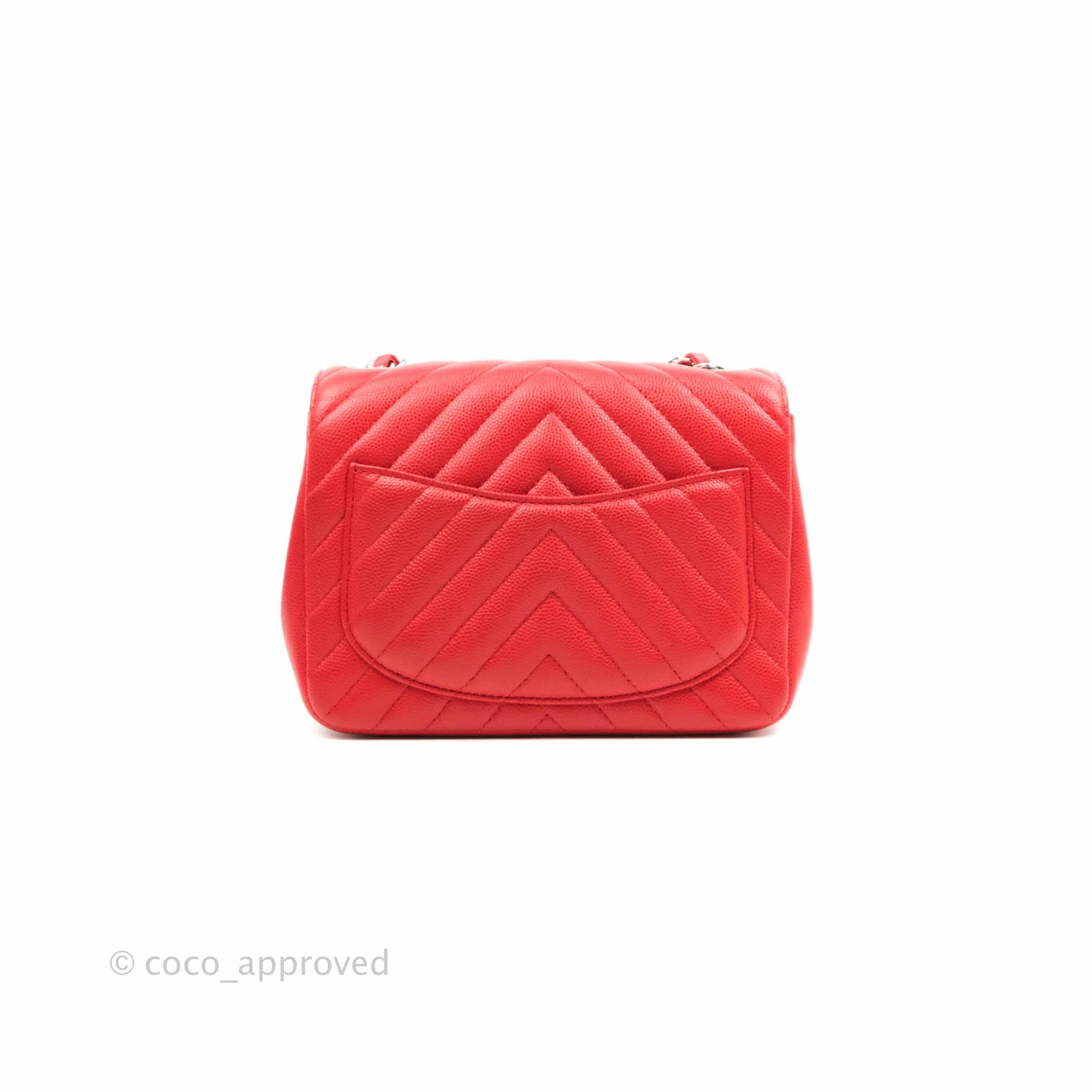 Chanel Mini Square Red Chevron Caviar Silver Hardware