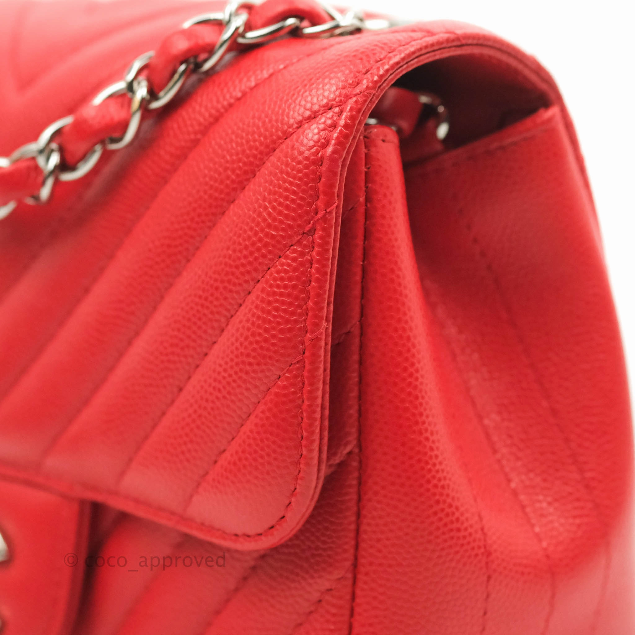 Chanel Mini Square Red Chevron Caviar Silver Hardware