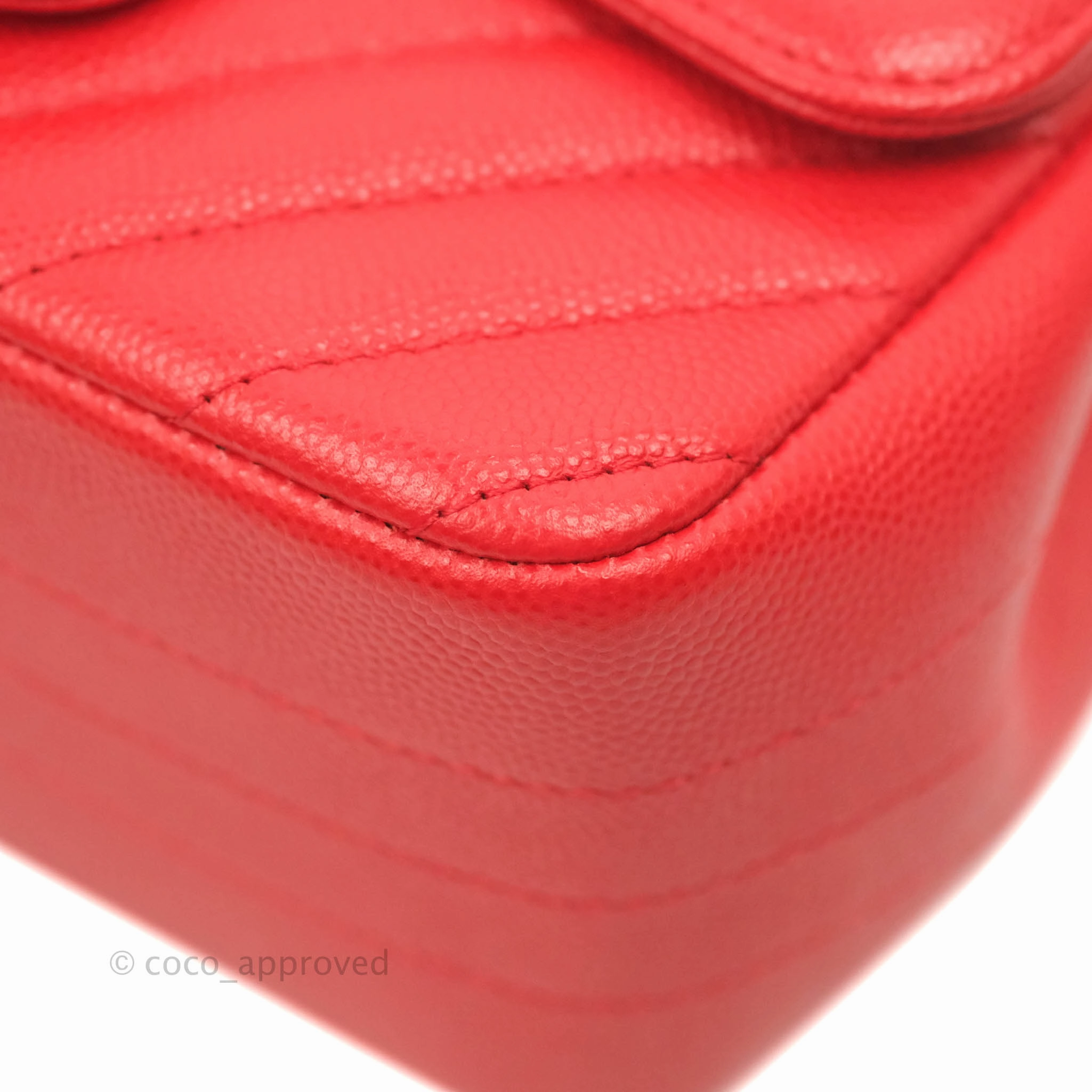 Chanel Mini Square Red Chevron Caviar Silver Hardware