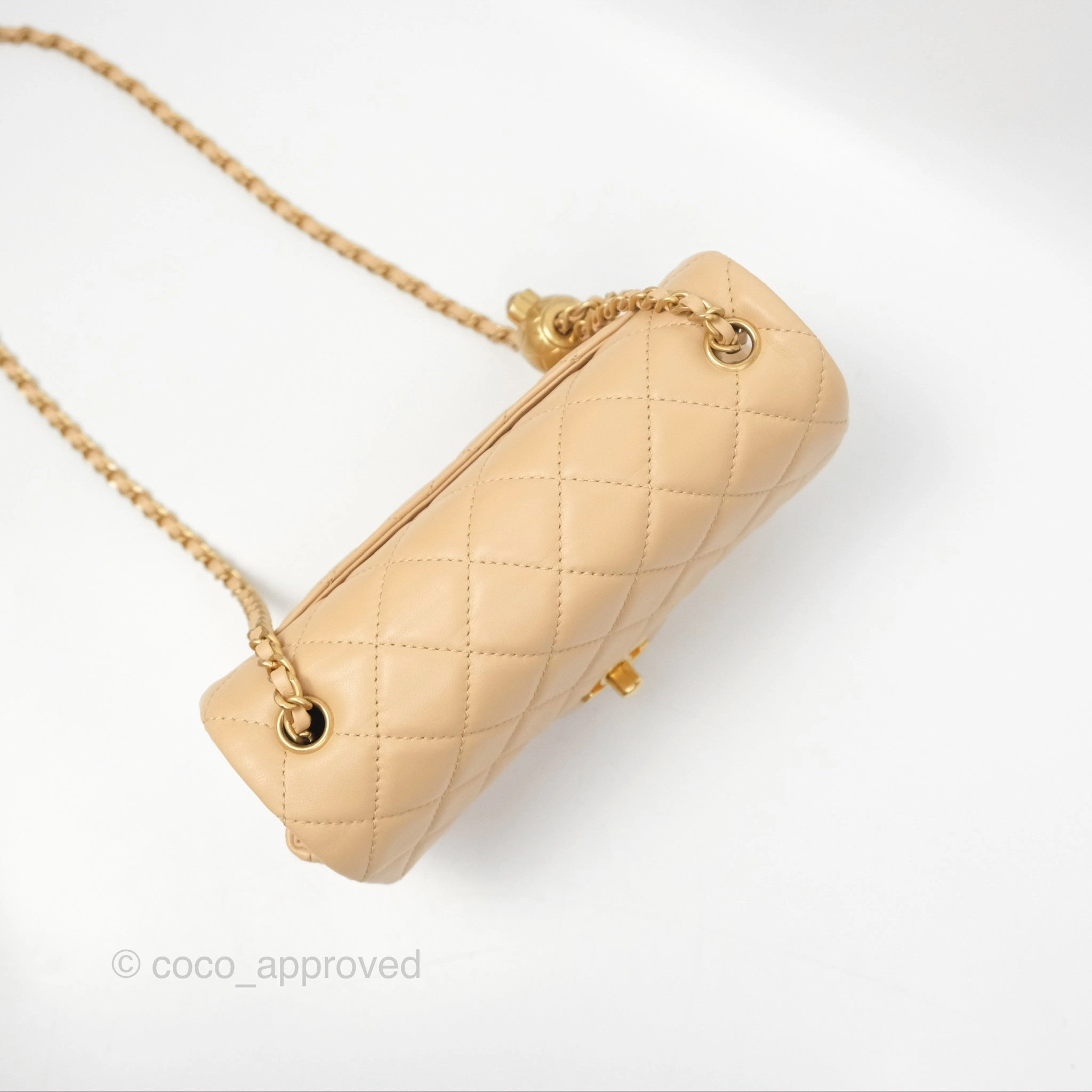 Chanel Pearl Crush Mini Rectangular Beige Lambskin Aged Gold Hardware