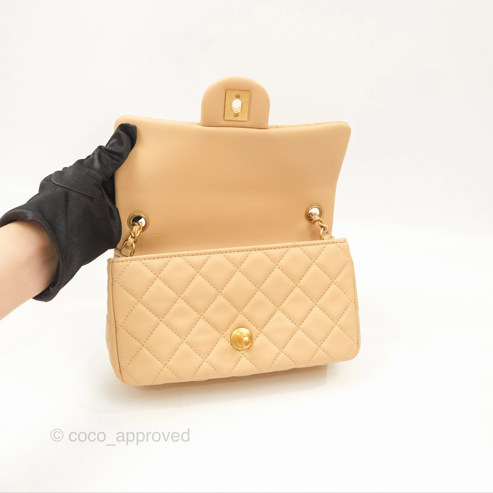 Chanel Pearl Crush Mini Rectangular Beige Lambskin Aged Gold Hardware