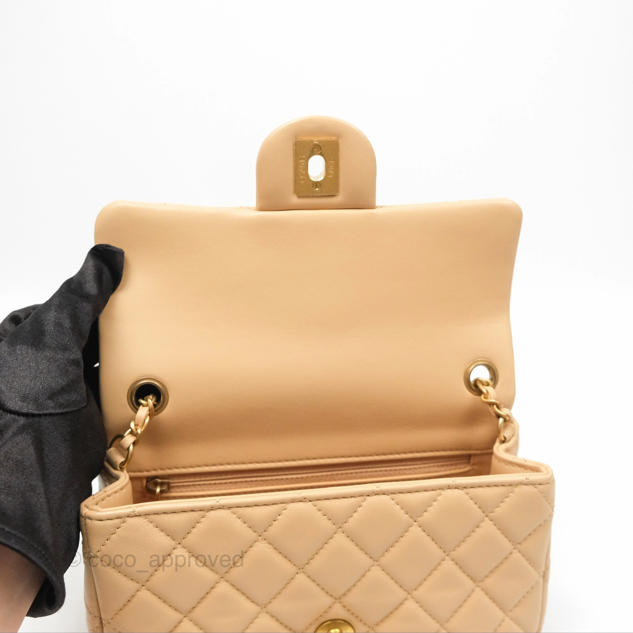 Chanel Pearl Crush Mini Rectangular Beige Lambskin Aged Gold Hardware