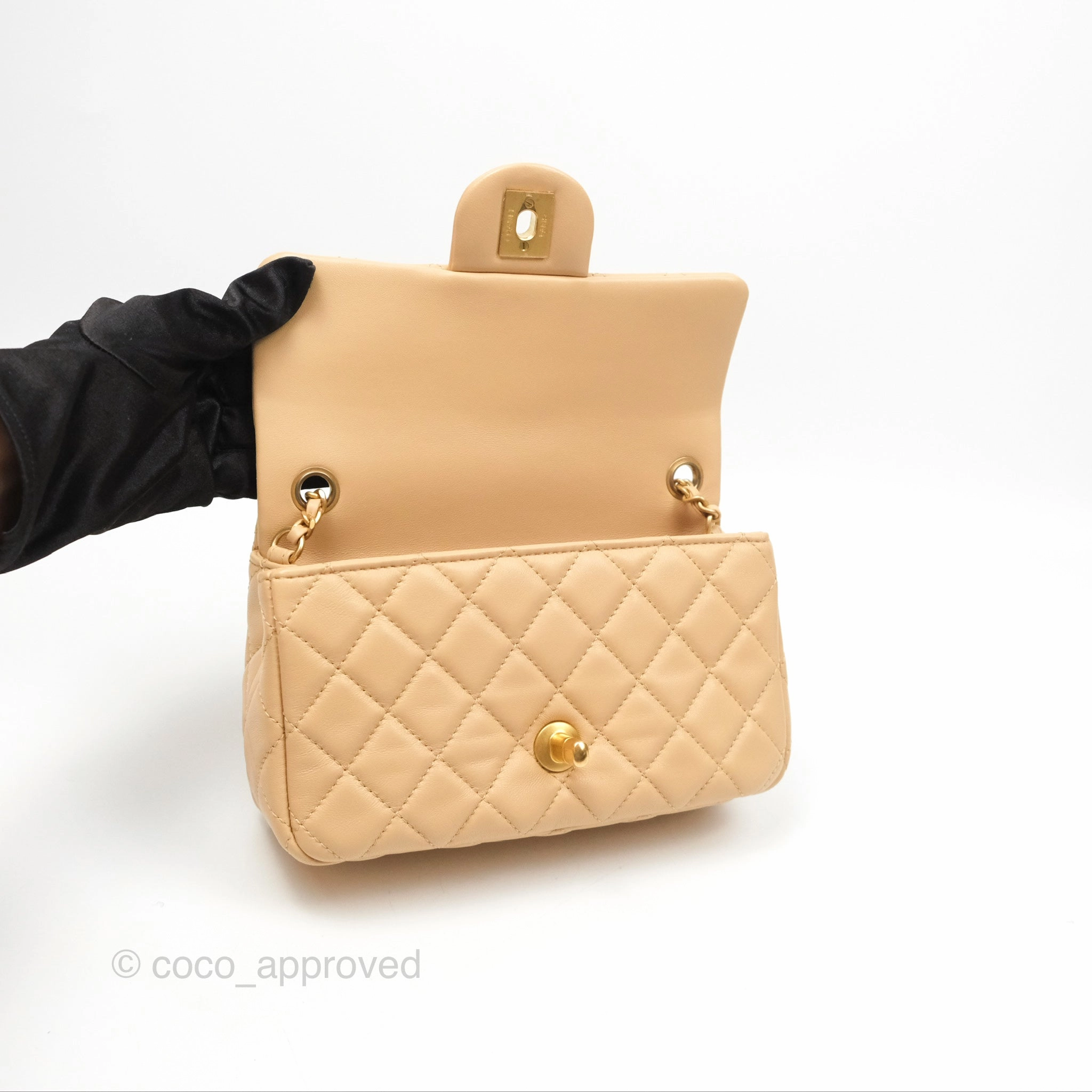 Chanel Pearl Crush Mini Rectangular Beige Lambskin Aged Gold Hardware