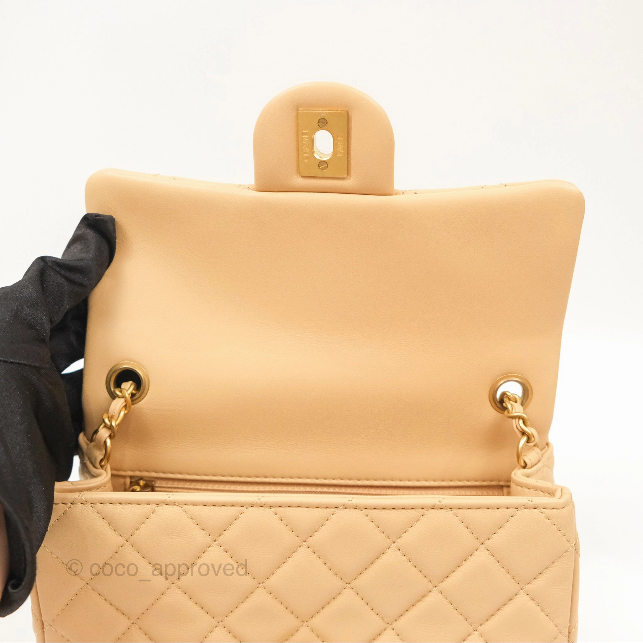 Chanel Pearl Crush Mini Rectangular Beige Lambskin Aged Gold Hardware