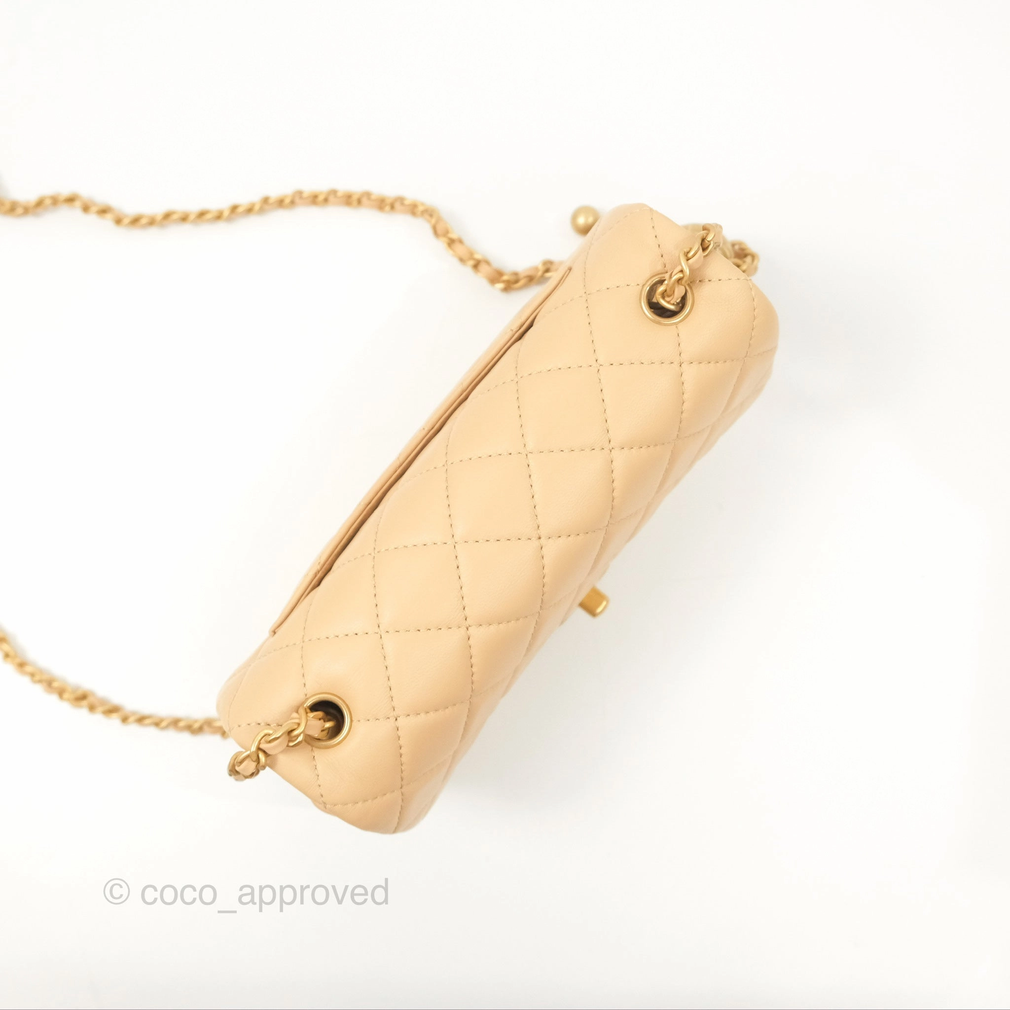 Chanel Pearl Crush Mini Rectangular Beige Lambskin Aged Gold Hardware