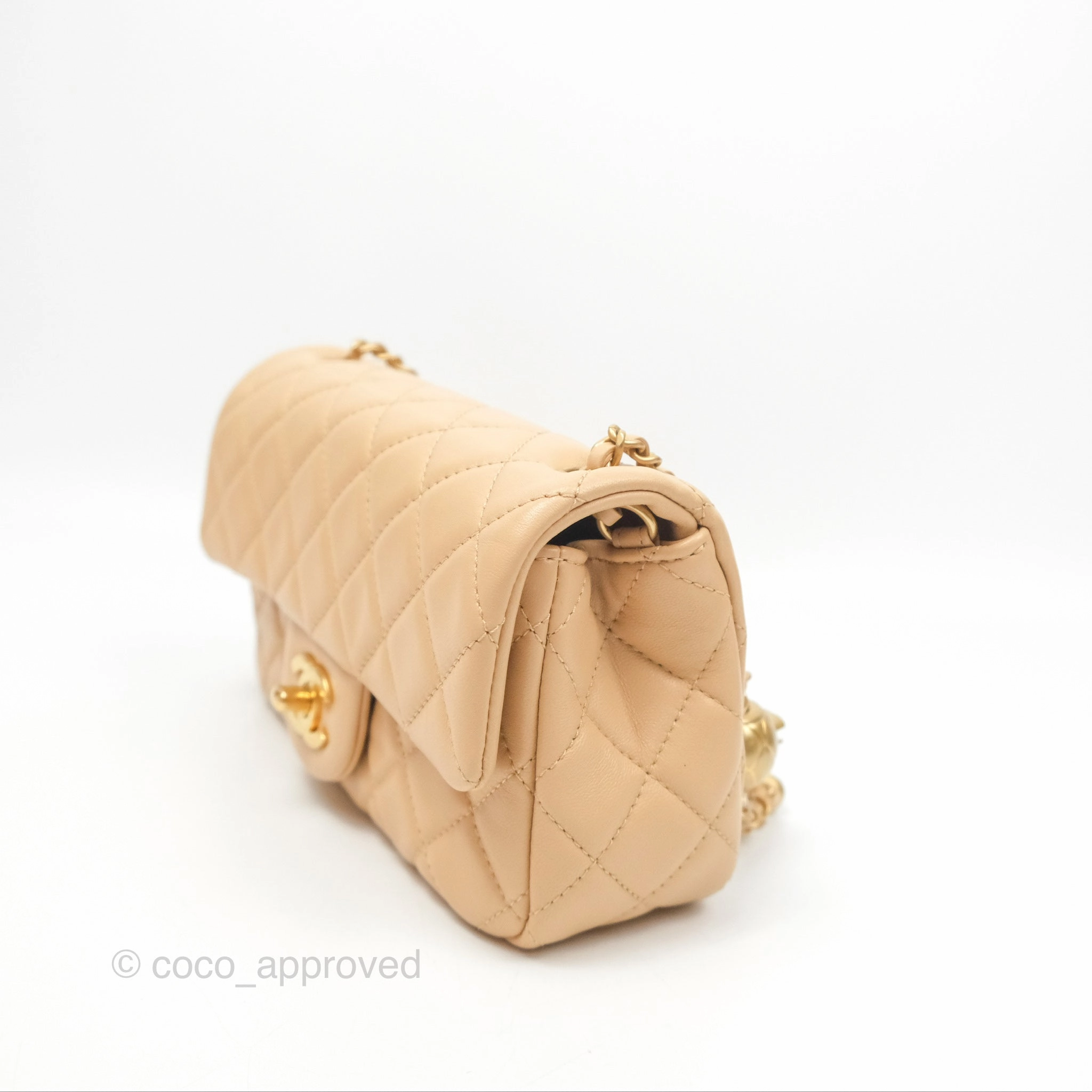 Chanel Pearl Crush Mini Rectangular Beige Lambskin Aged Gold Hardware
