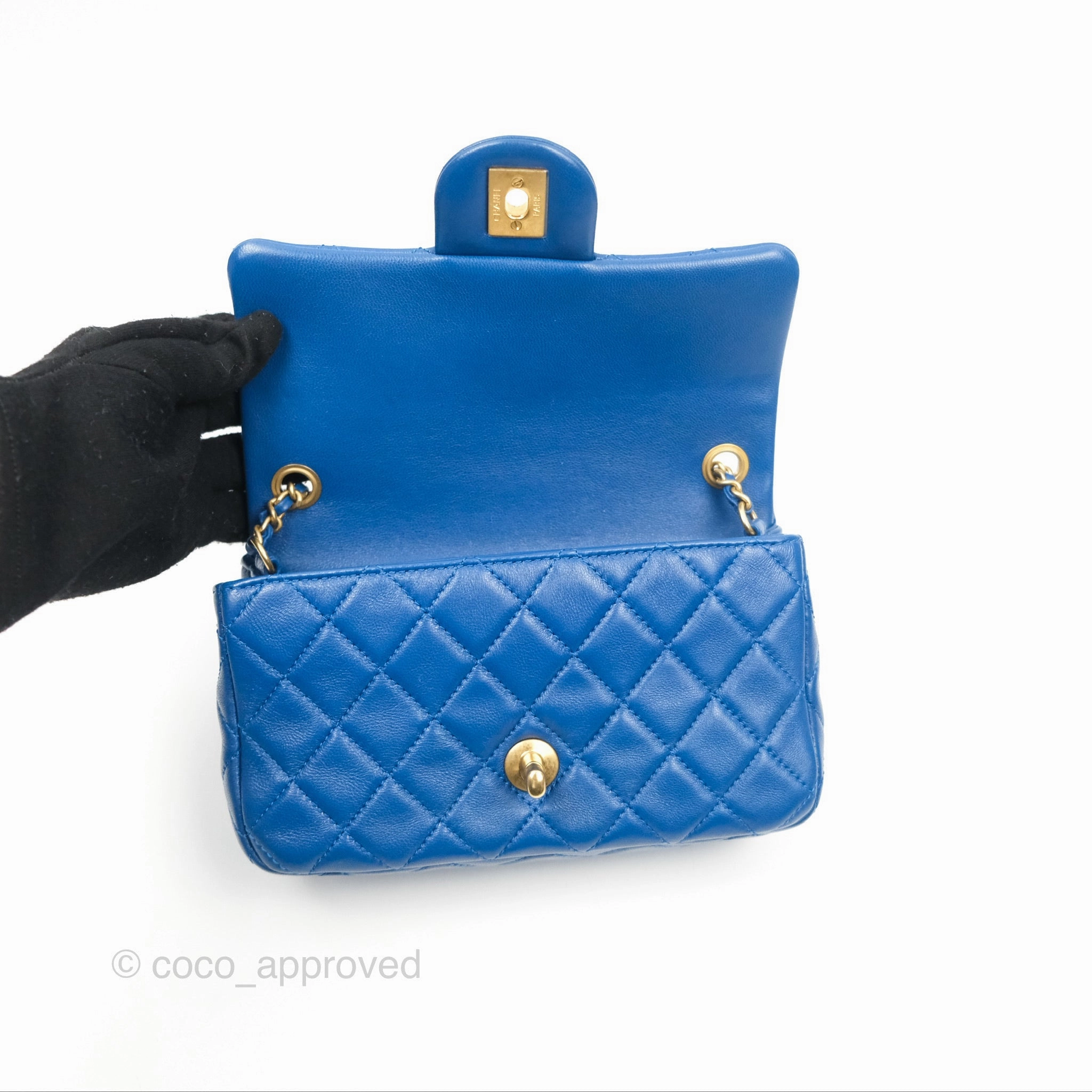 Chanel Pearl Crush Mini Rectangular Blue Lambskin Aged Gold Hardware