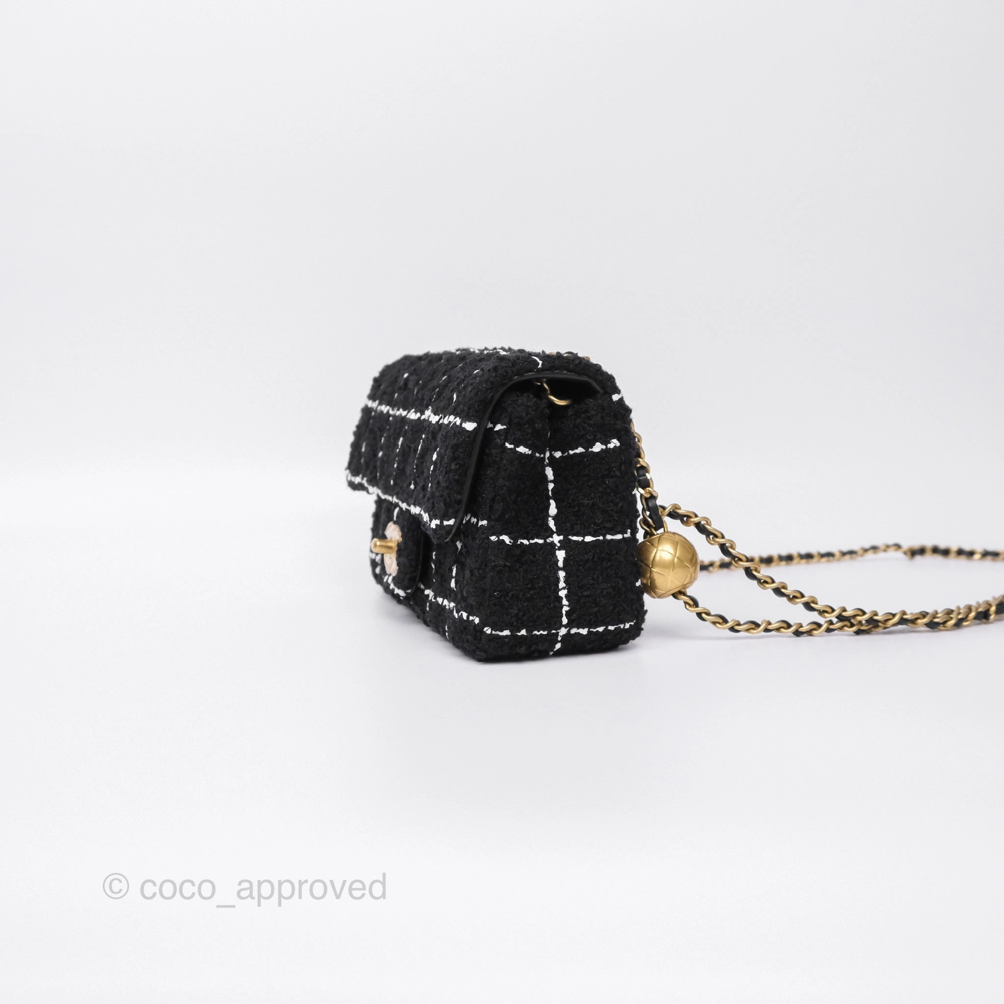 Chanel Pearl Crush Mini Rectangular Grid Black White Tweed Aged Gold Hardware