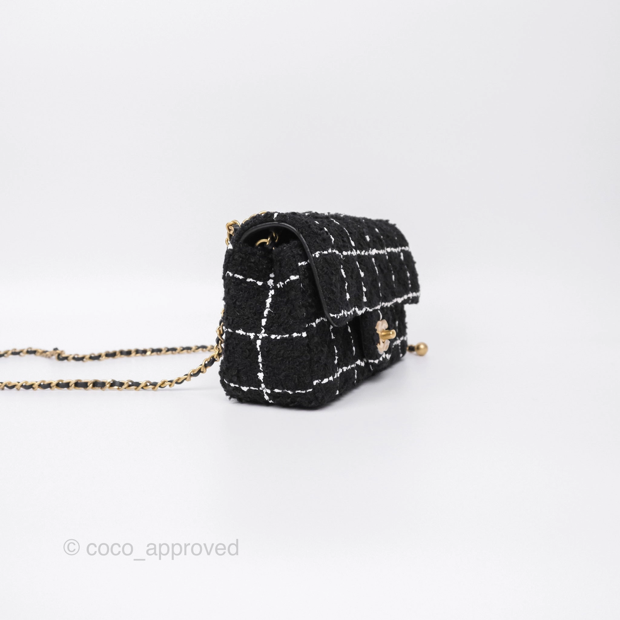 Chanel Pearl Crush Mini Rectangular Grid Black White Tweed Aged Gold Hardware
