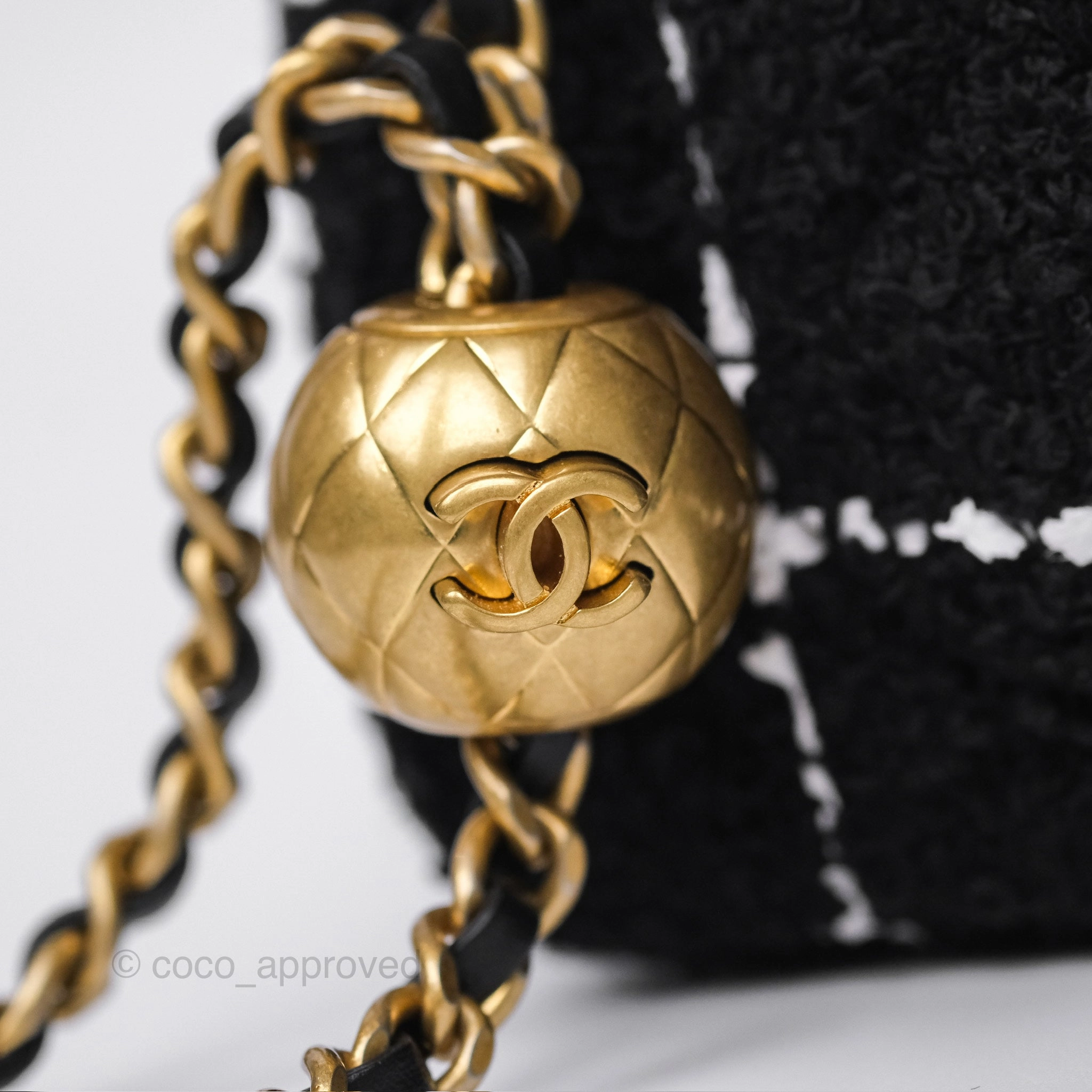 Chanel Pearl Crush Mini Rectangular Grid Black White Tweed Aged Gold Hardware