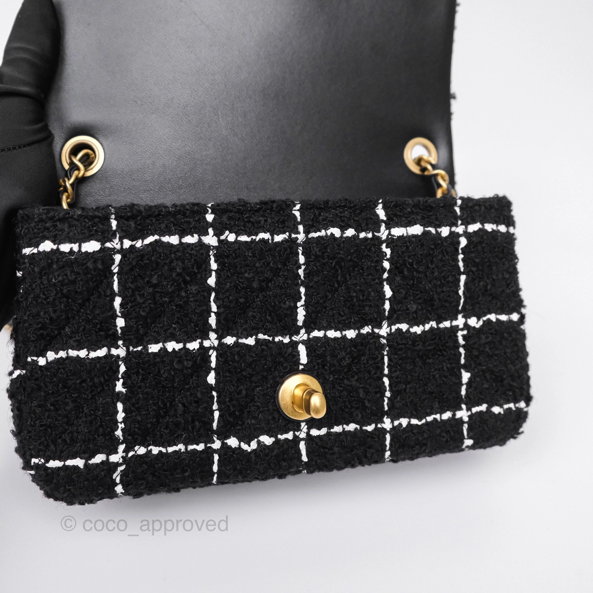 Chanel Pearl Crush Mini Rectangular Grid Black White Tweed Aged Gold Hardware