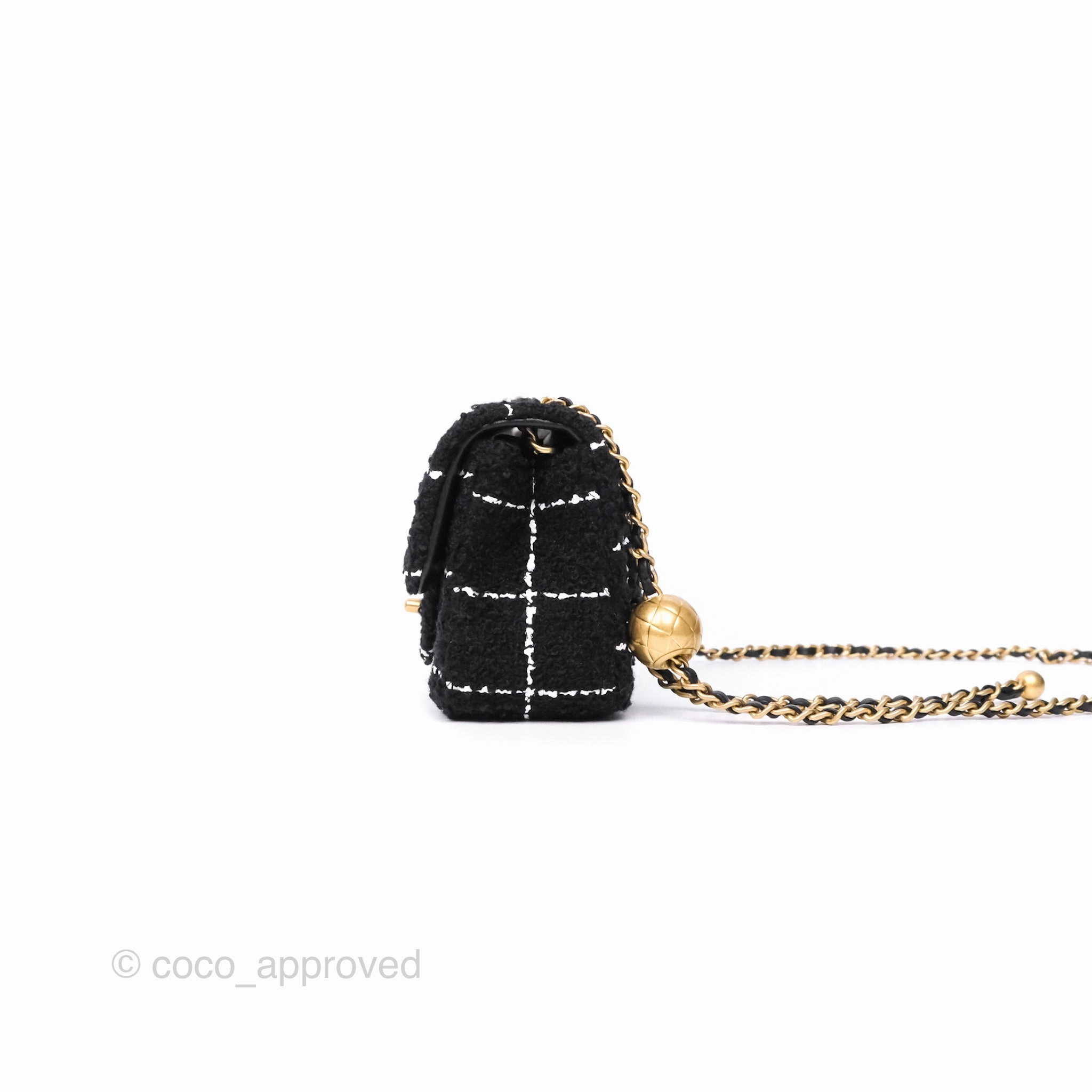 Chanel Pearl Crush Mini Rectangular Grid Black White Tweed Aged Gold Hardware