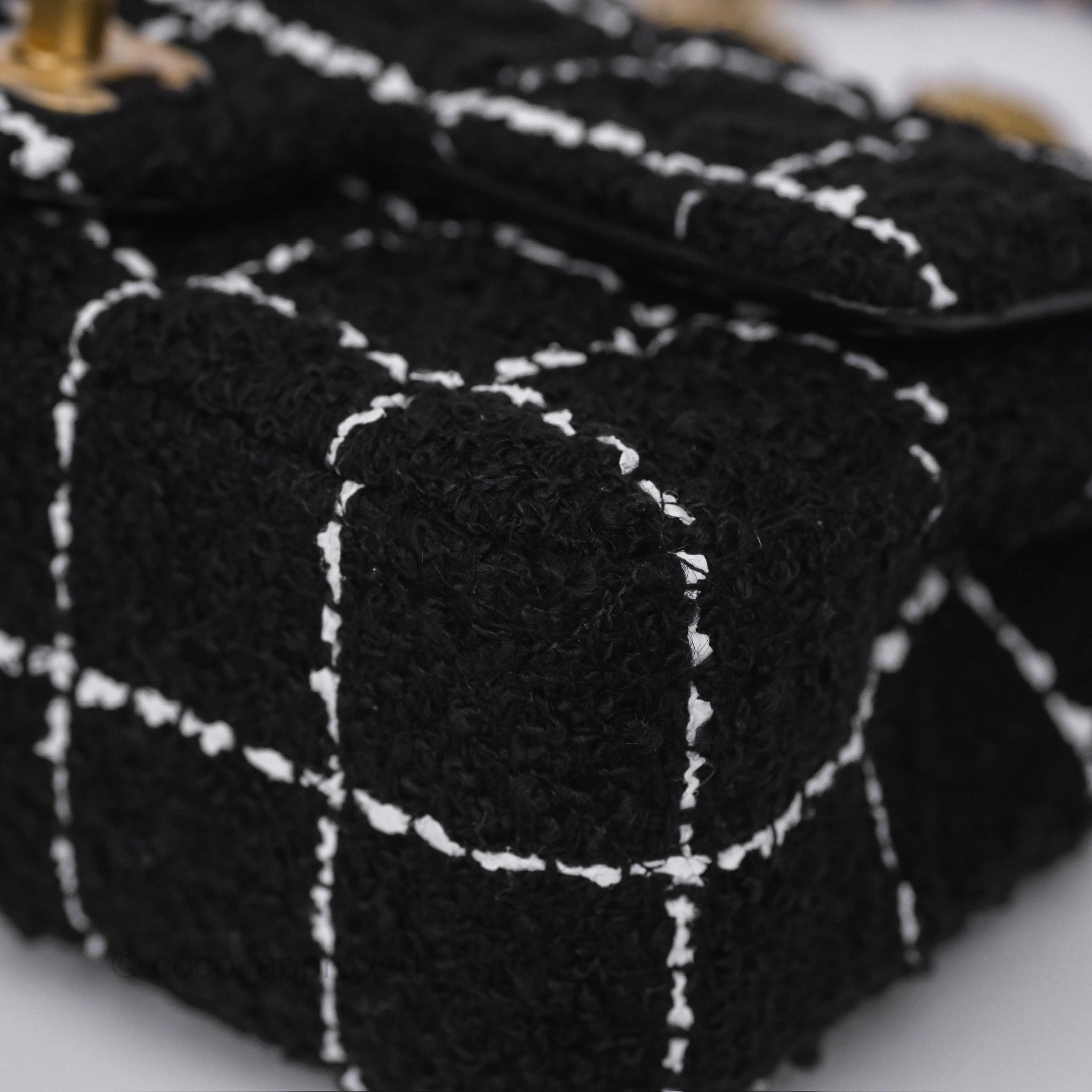 Chanel Pearl Crush Mini Rectangular Grid Black White Tweed Aged Gold Hardware