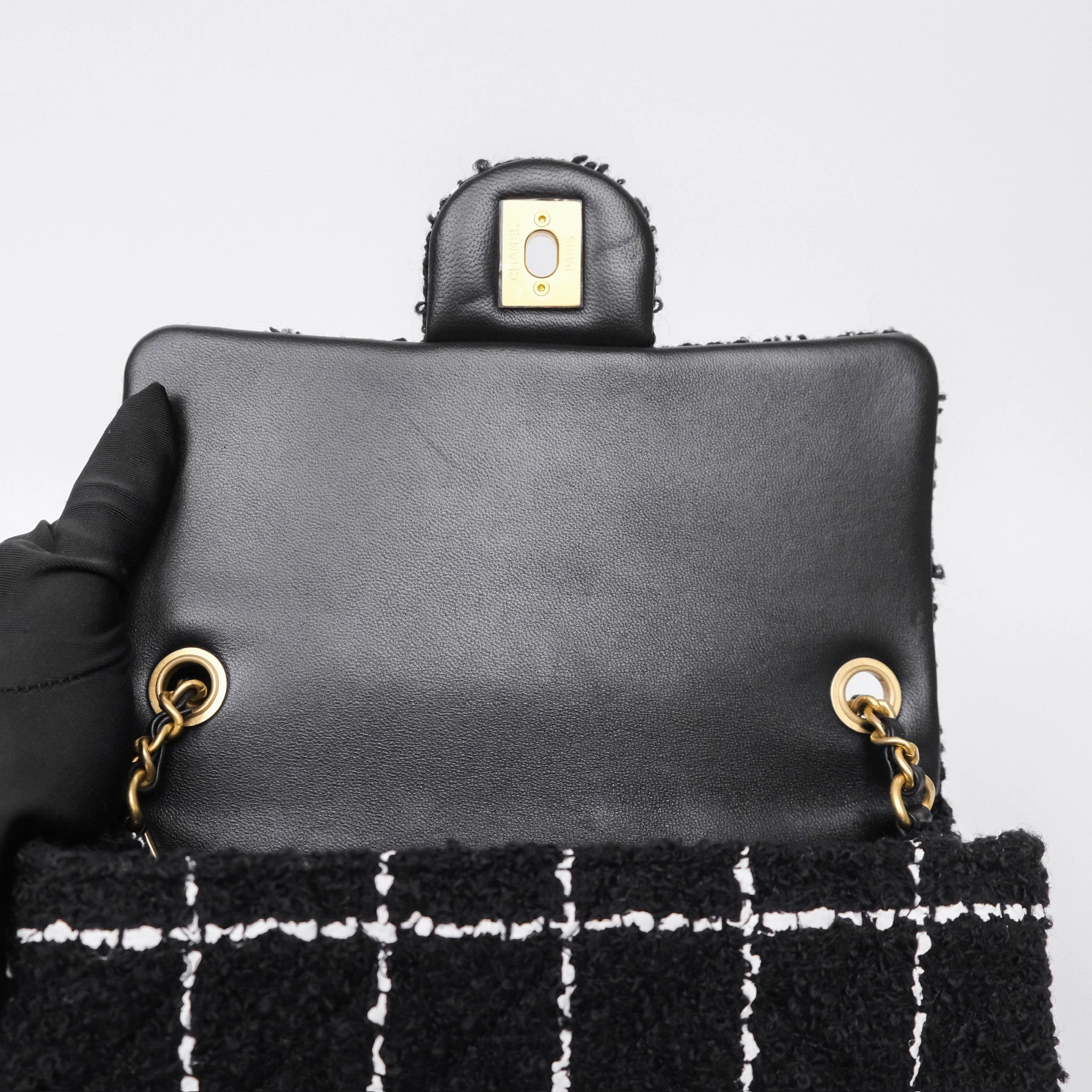 Chanel Pearl Crush Mini Rectangular Grid Black White Tweed Aged Gold Hardware