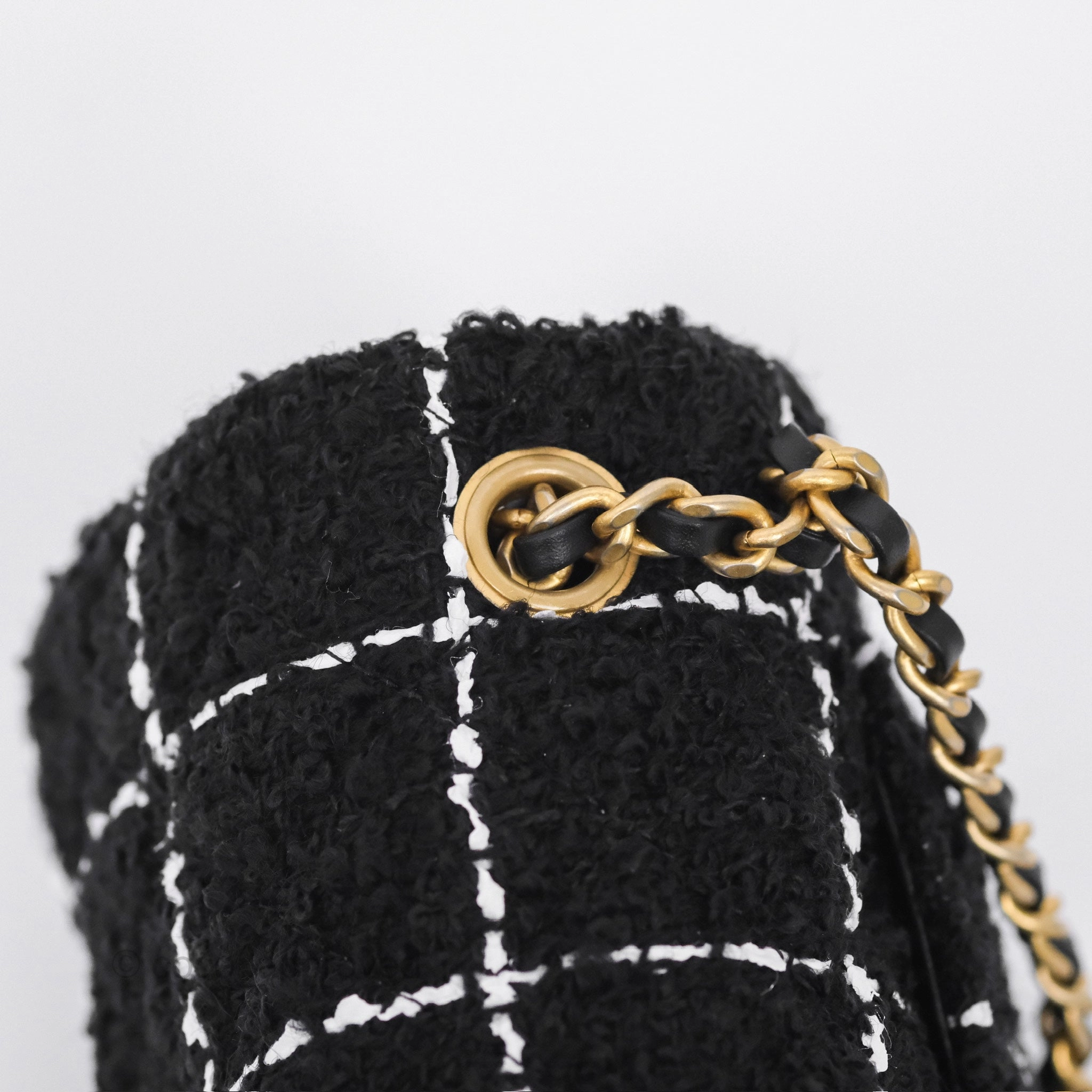 Chanel Pearl Crush Mini Rectangular Grid Black White Tweed Aged Gold Hardware