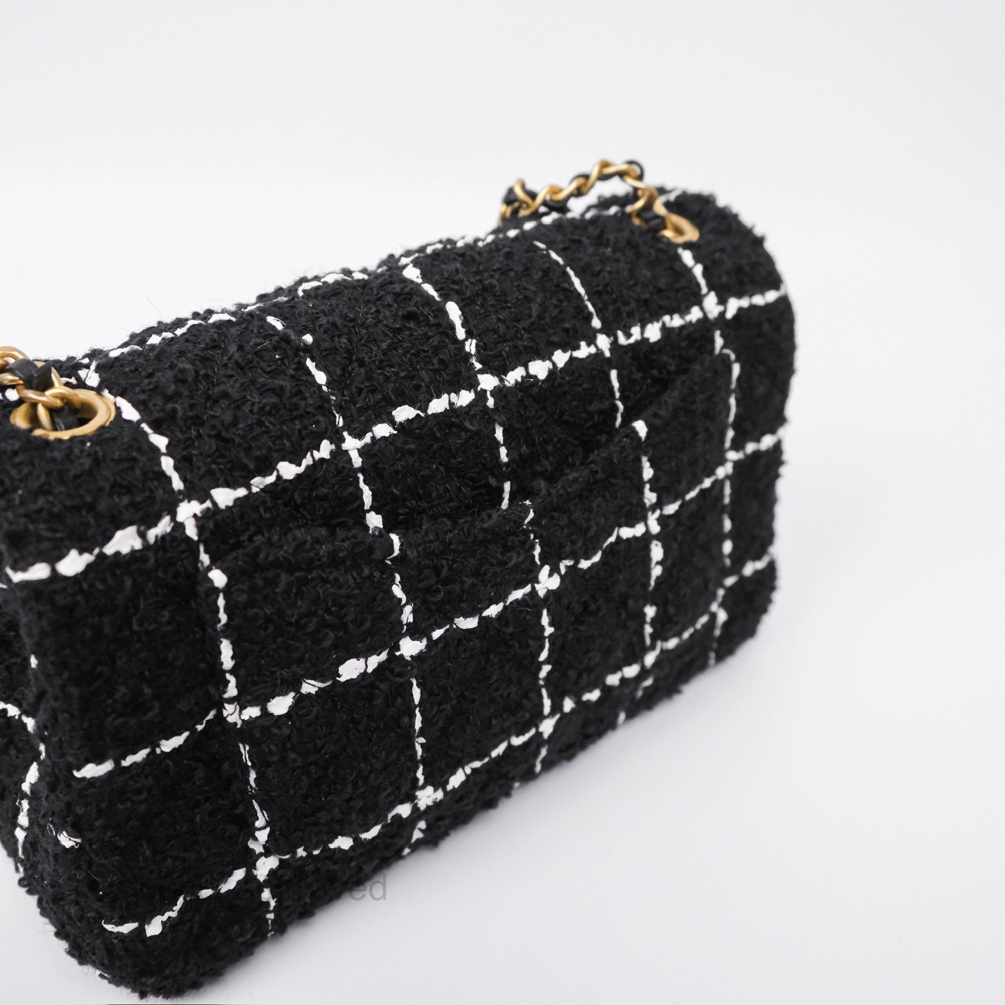 Chanel Pearl Crush Mini Rectangular Grid Black White Tweed Aged Gold Hardware