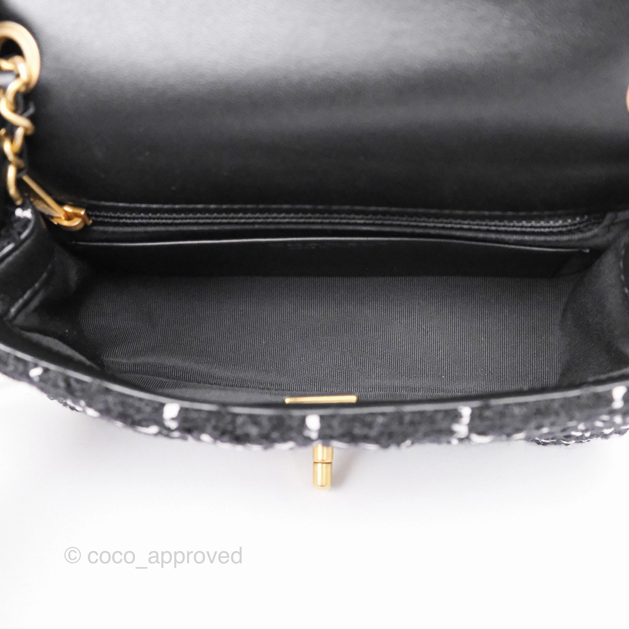 Chanel Pearl Crush Mini Rectangular Grid Black White Tweed Aged Gold Hardware