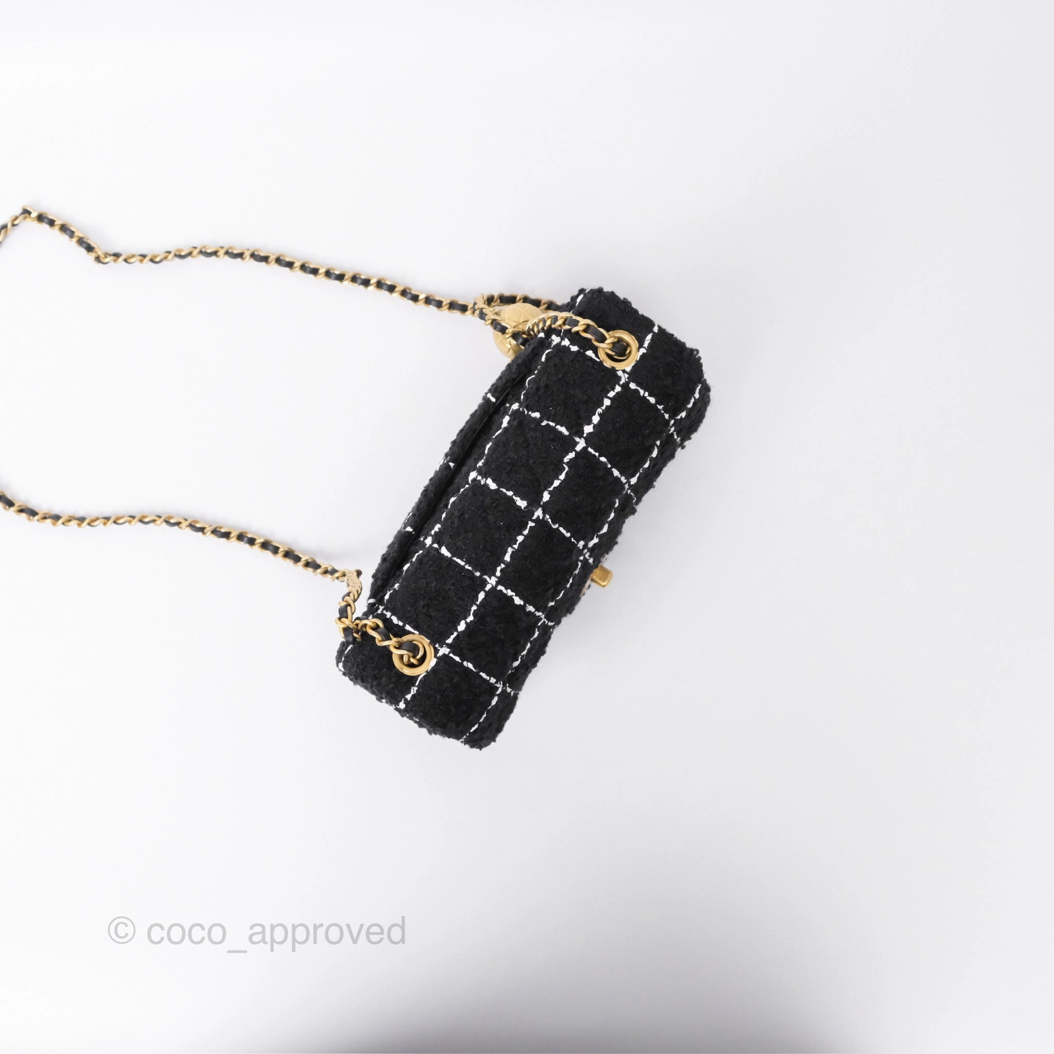 Chanel Pearl Crush Mini Rectangular Grid Black White Tweed Aged Gold Hardware