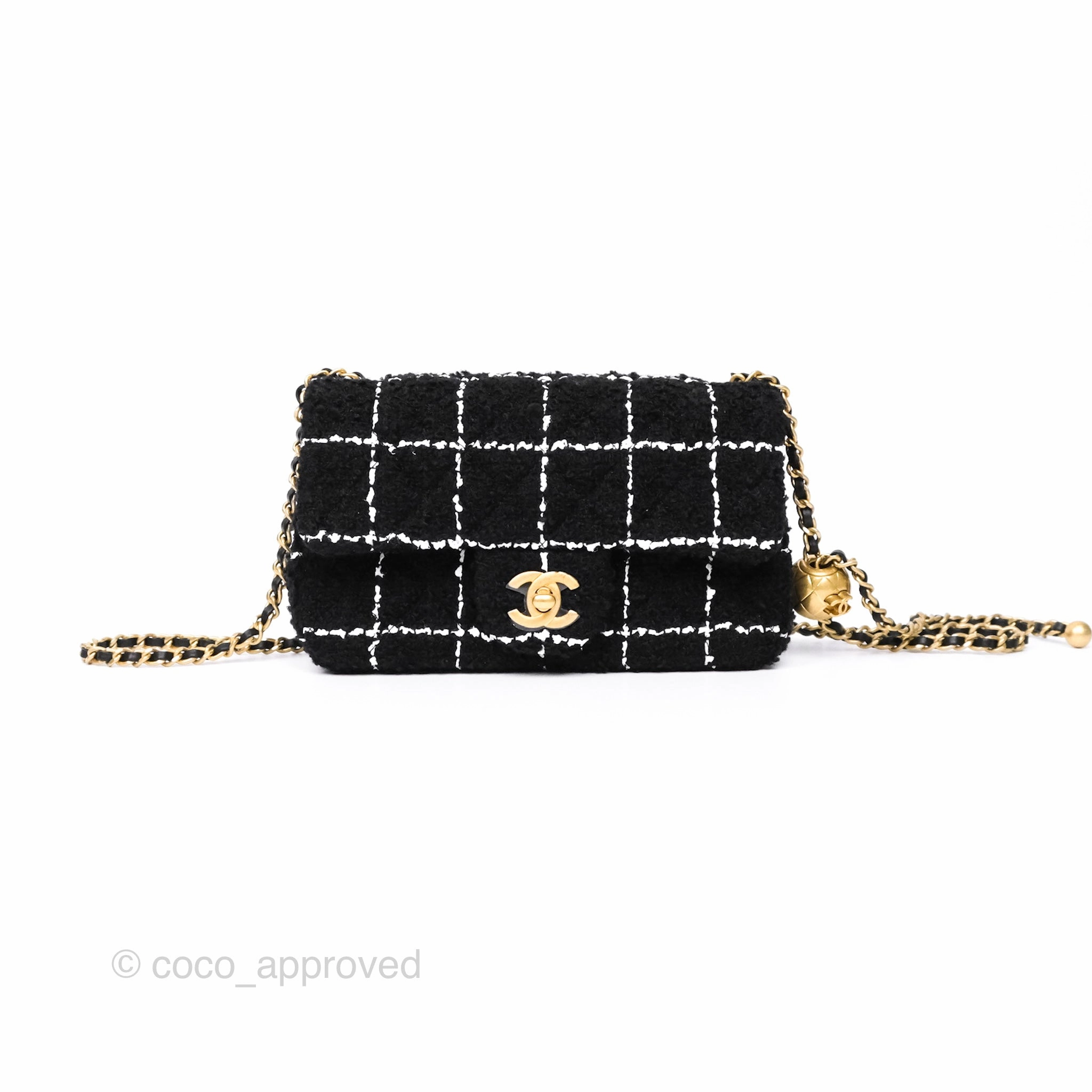 Chanel Pearl Crush Mini Rectangular Grid Black White Tweed Aged Gold Hardware