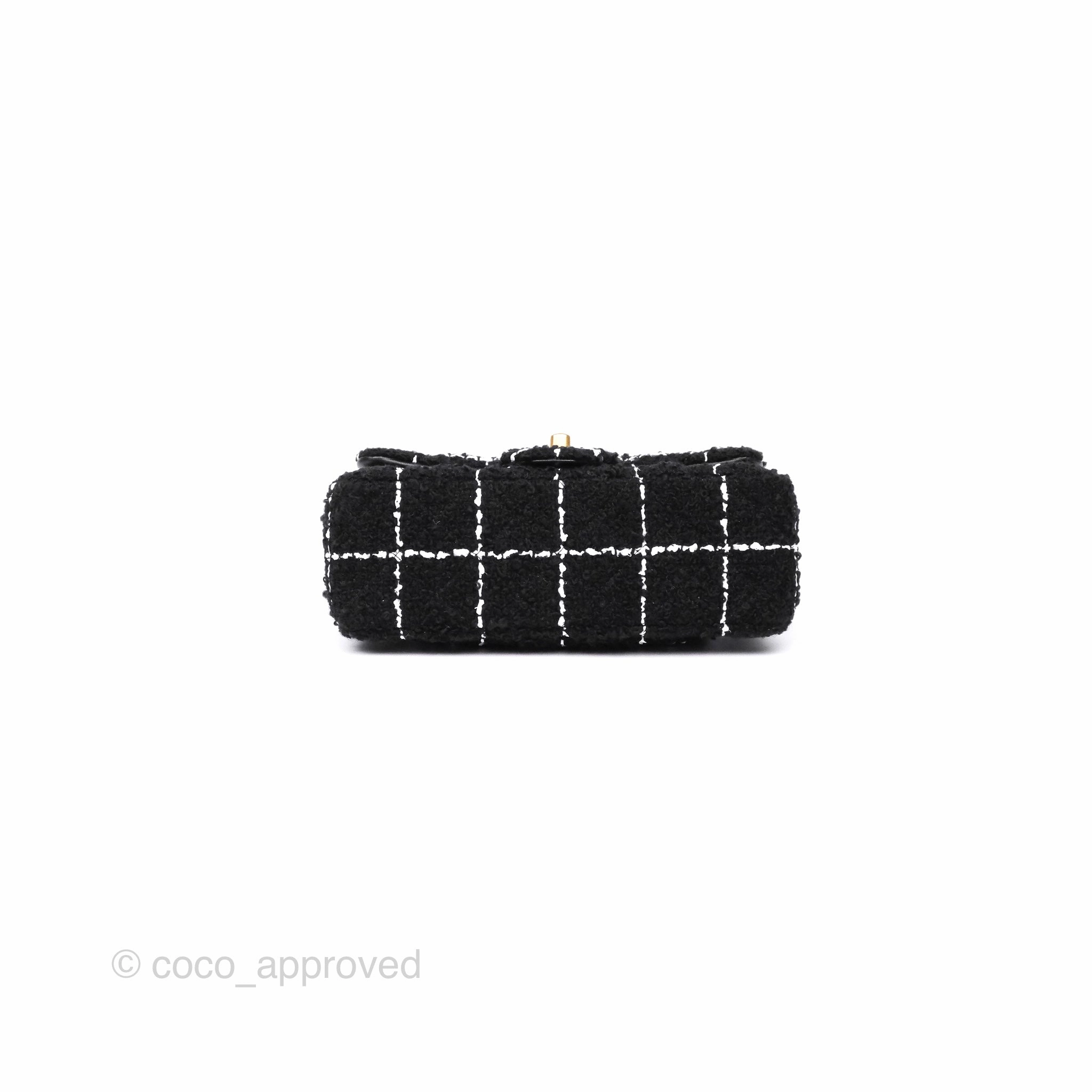Chanel Pearl Crush Mini Rectangular Grid Black White Tweed Aged Gold Hardware
