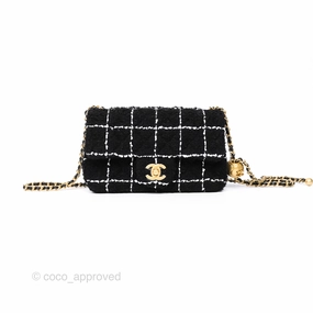 Chanel Pearl Crush Mini Rectangular Grid Black White Tweed Aged Gold Hardware