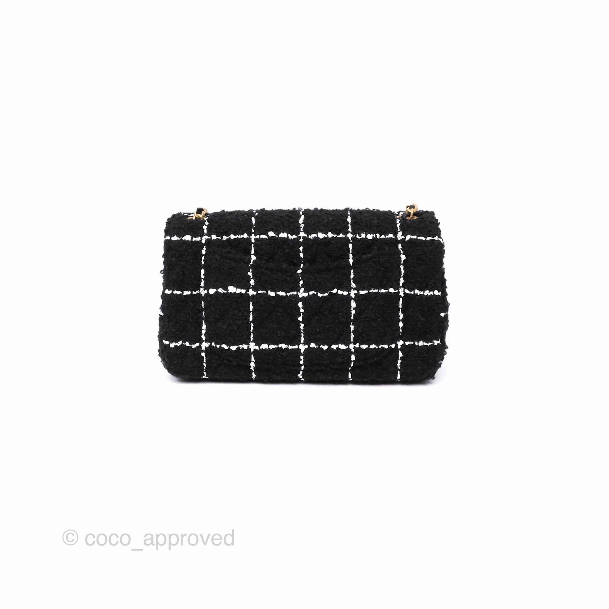 Chanel Pearl Crush Mini Rectangular Grid Black White Tweed Aged Gold Hardware