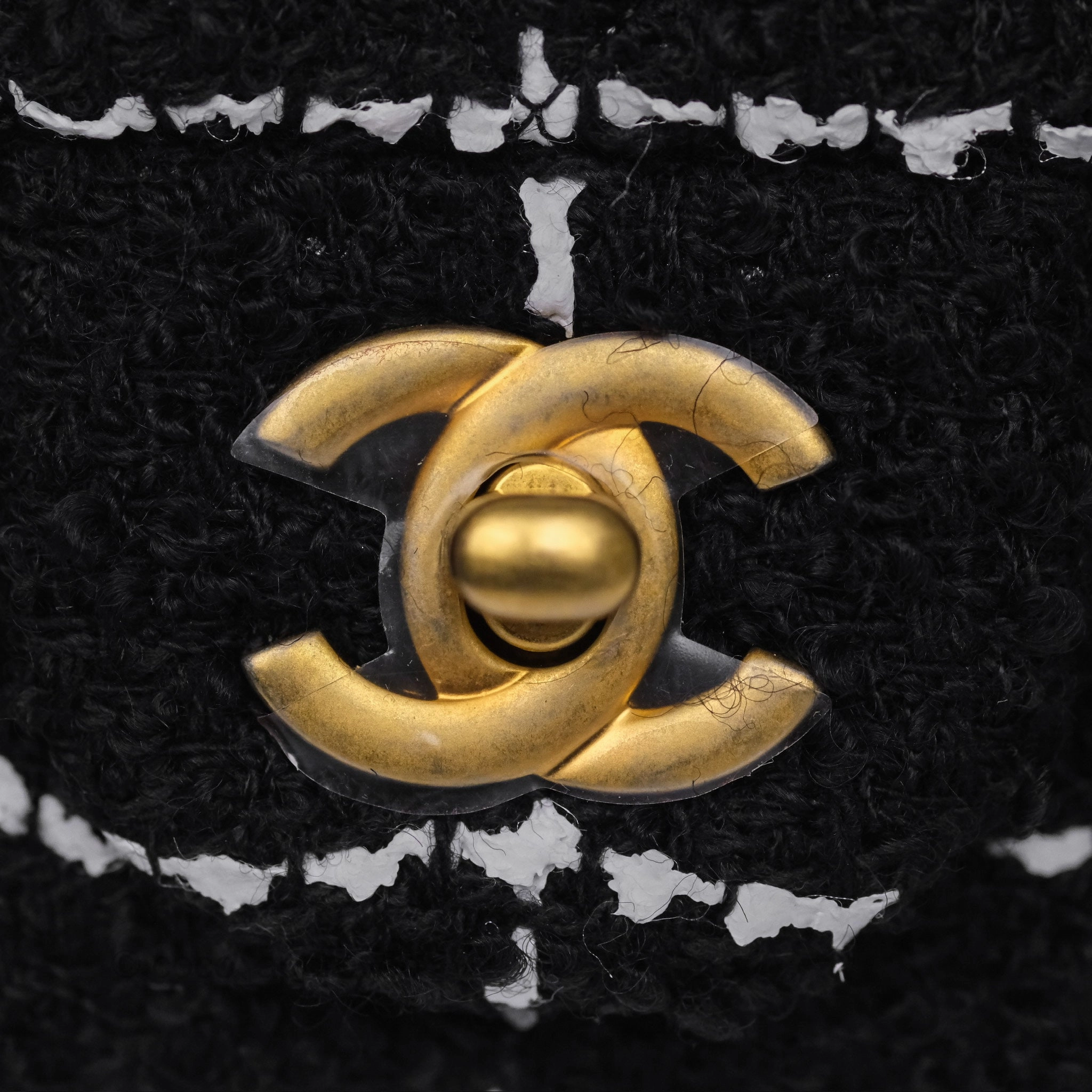 Chanel Pearl Crush Mini Rectangular Grid Black White Tweed Aged Gold Hardware