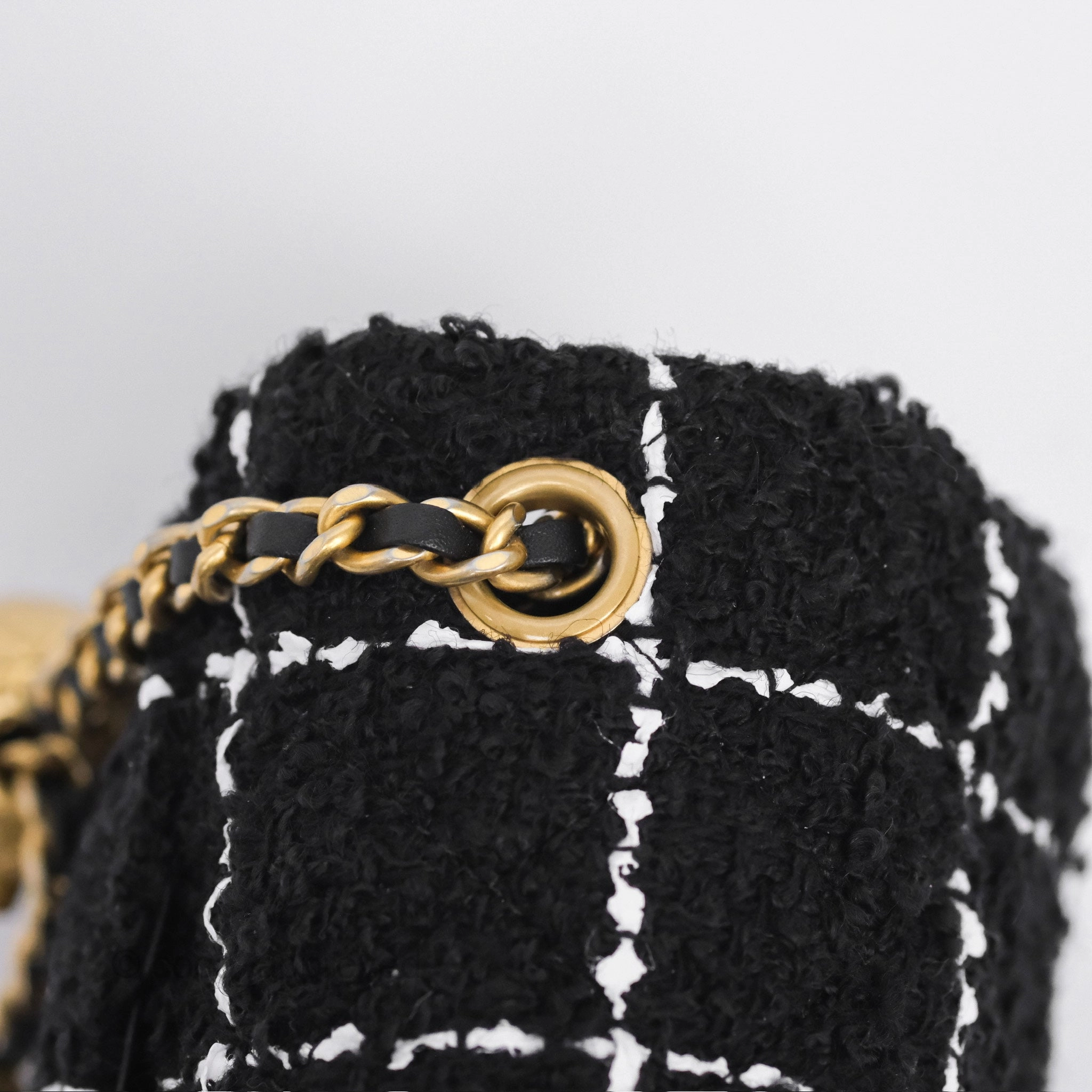 Chanel Pearl Crush Mini Rectangular Grid Black White Tweed Aged Gold Hardware