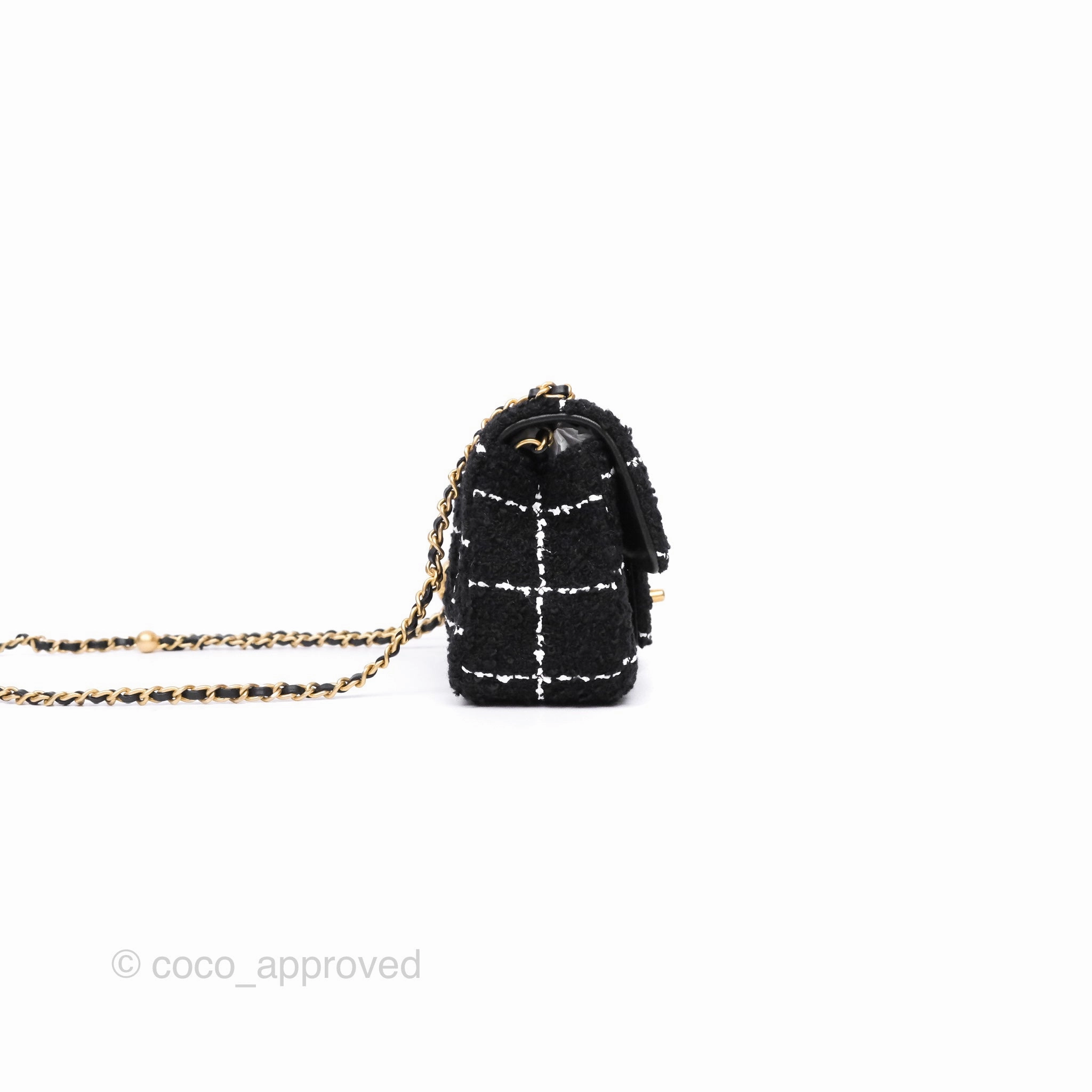 Chanel Pearl Crush Mini Rectangular Grid Black White Tweed Aged Gold Hardware