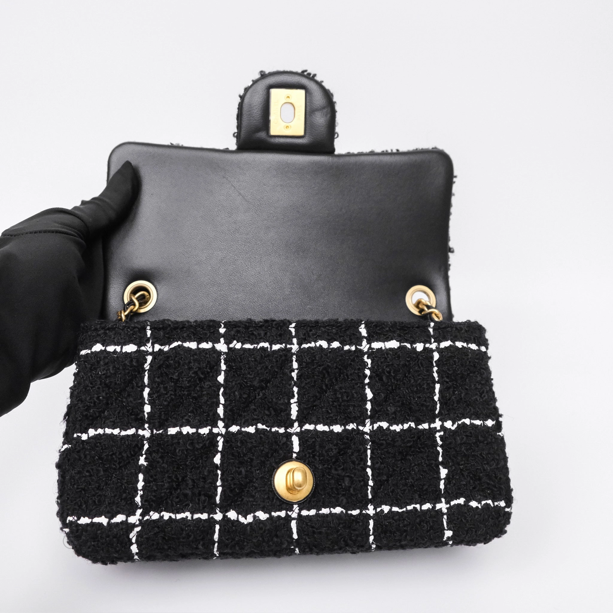 Chanel Pearl Crush Mini Rectangular Grid Black White Tweed Aged Gold Hardware