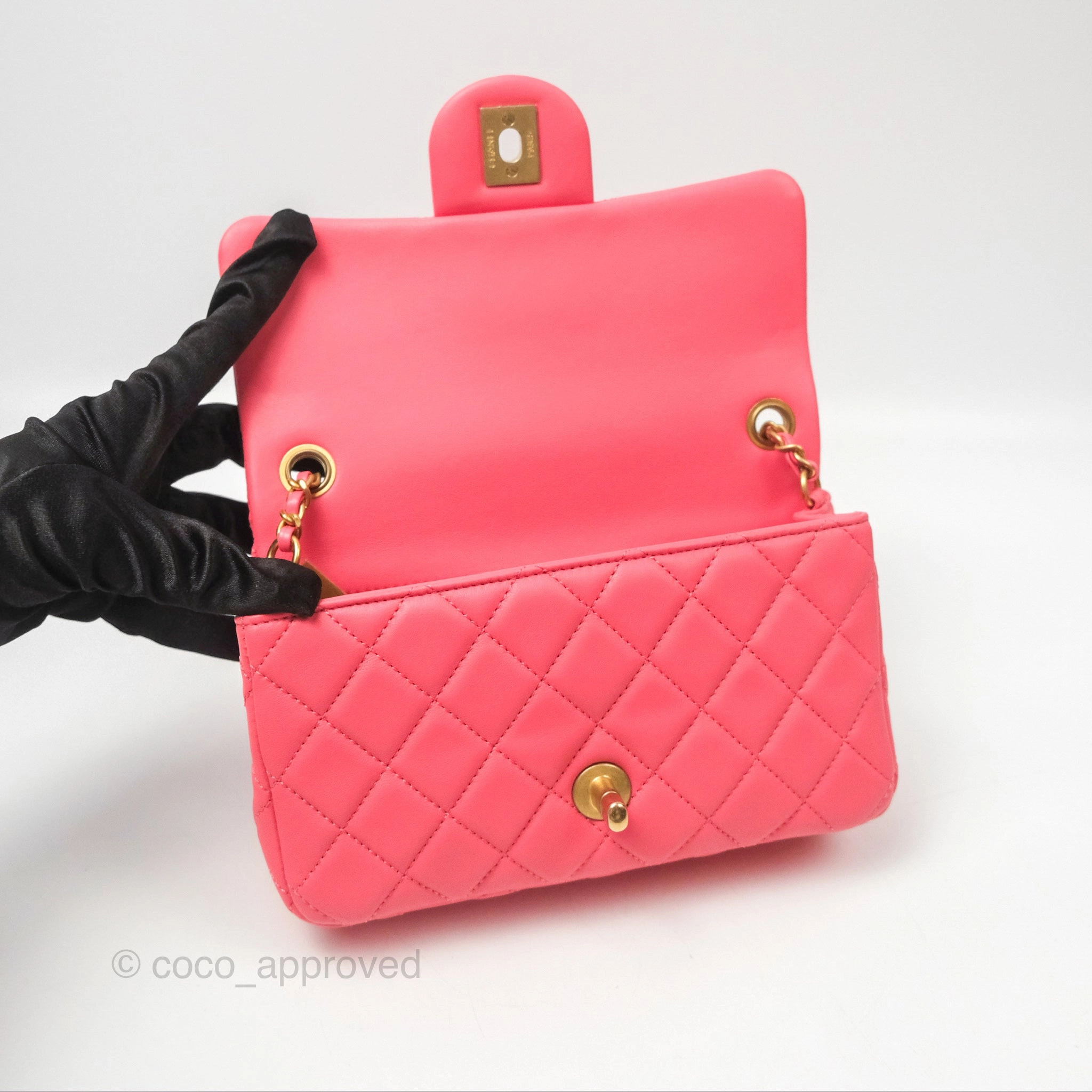 Chanel Pearl Crush Mini Rectangular Pink Lambskin Aged Gold Hardware
