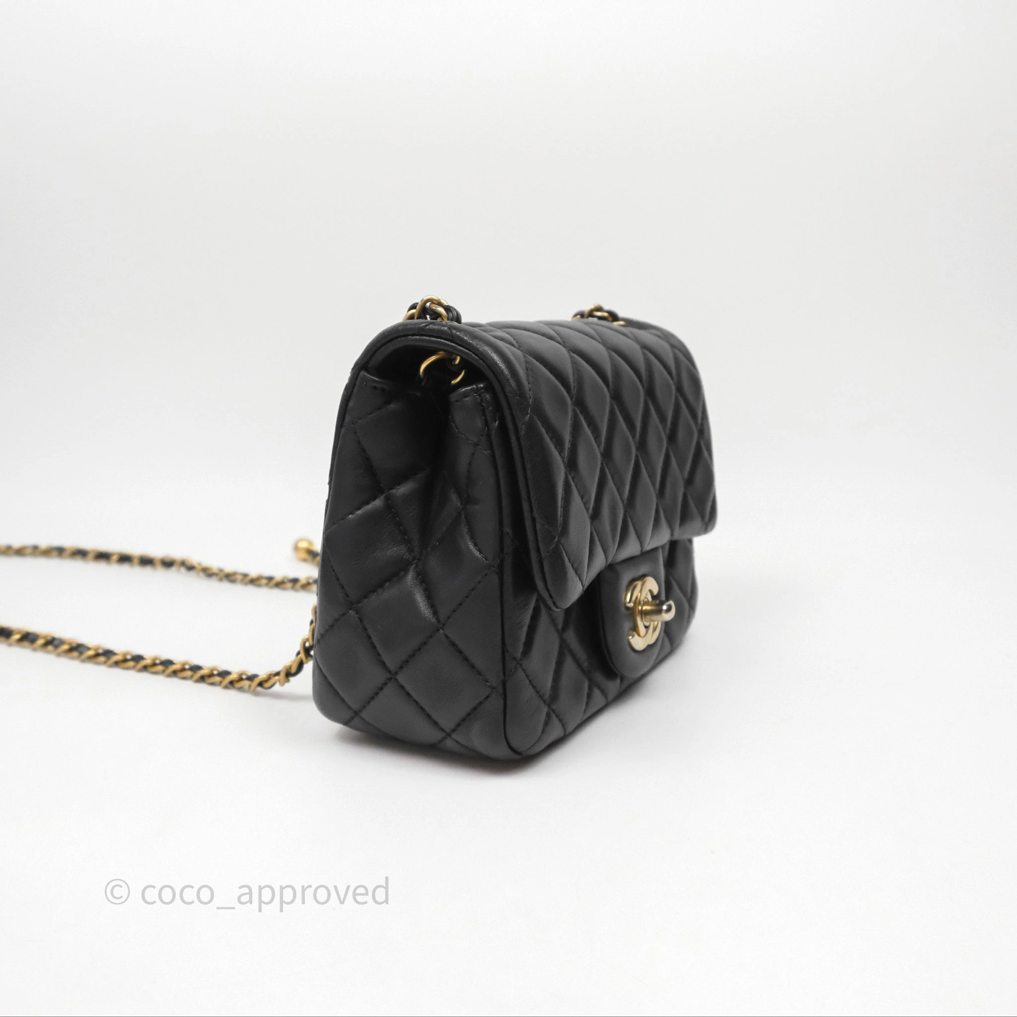 Chanel Pearl Crush Mini Square Quilted Black Lambskin Aged Gold Hardware