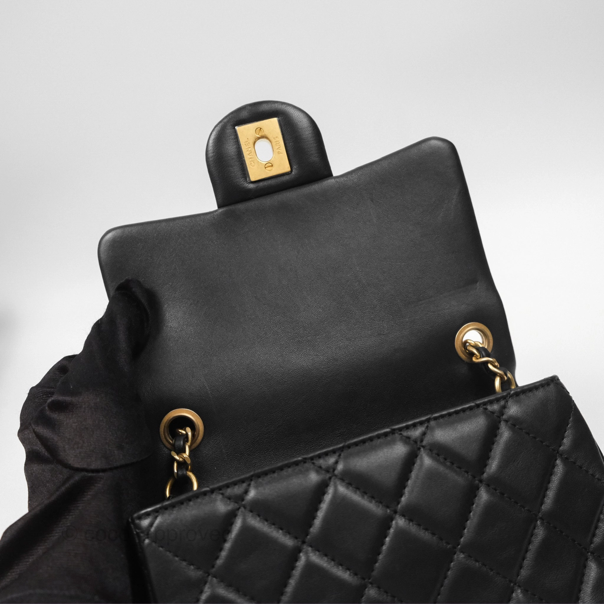 Chanel Pearl Crush Mini Square Quilted Black Lambskin Aged Gold Hardware