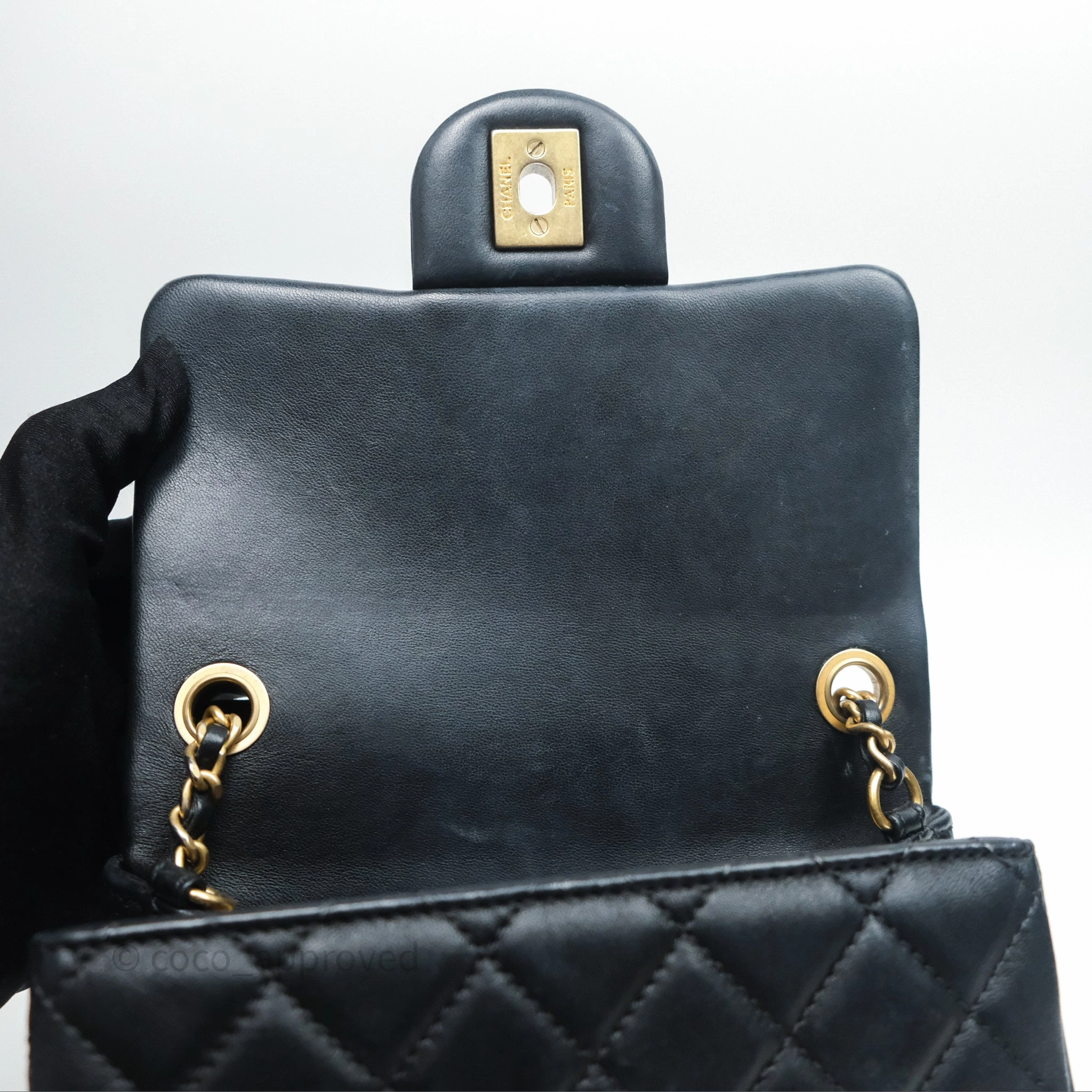Chanel Pearl Crush Mini Square Quilted Black Lambskin Aged Gold Hardware