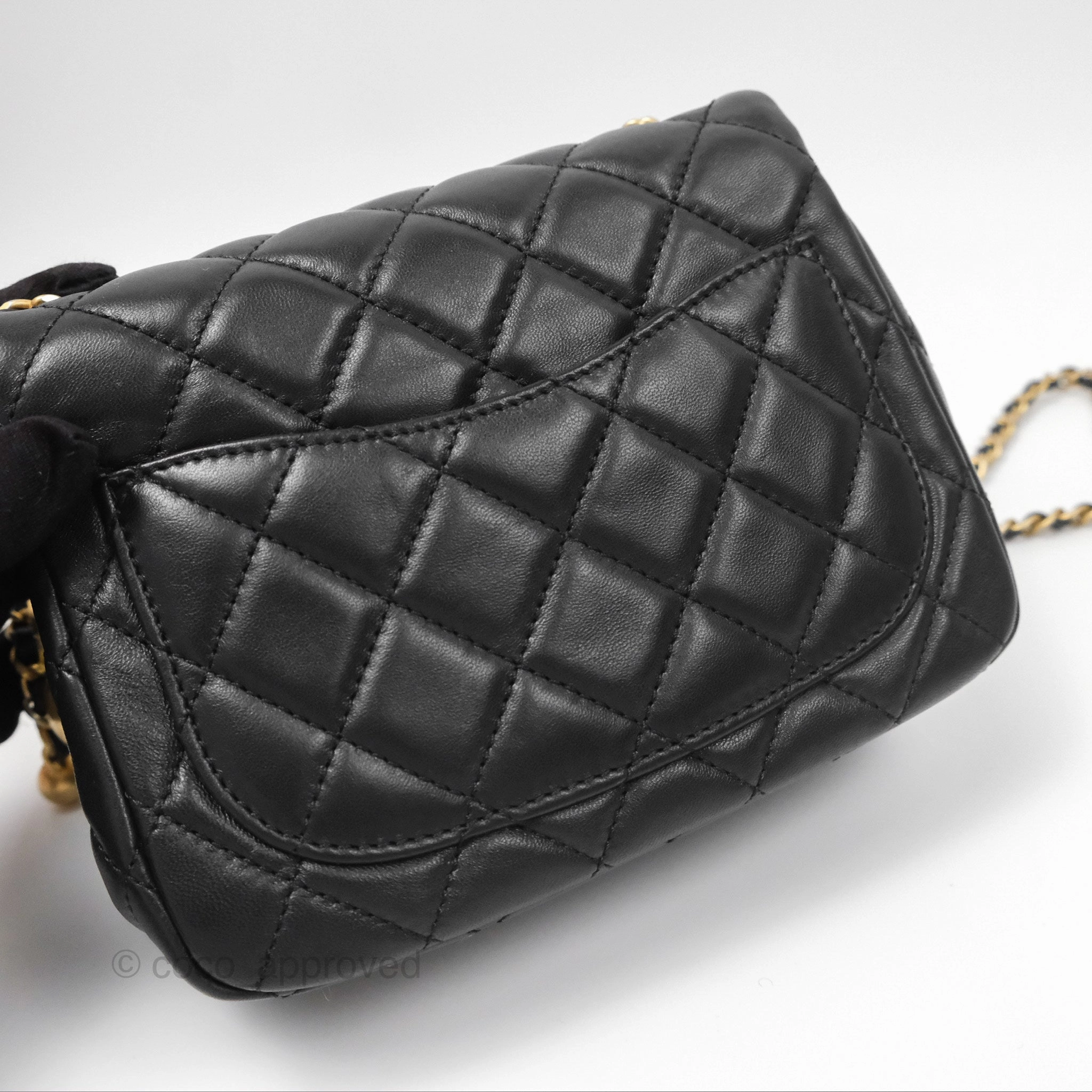 Chanel Pearl Crush Mini Square Quilted Black Lambskin Aged Gold Hardware